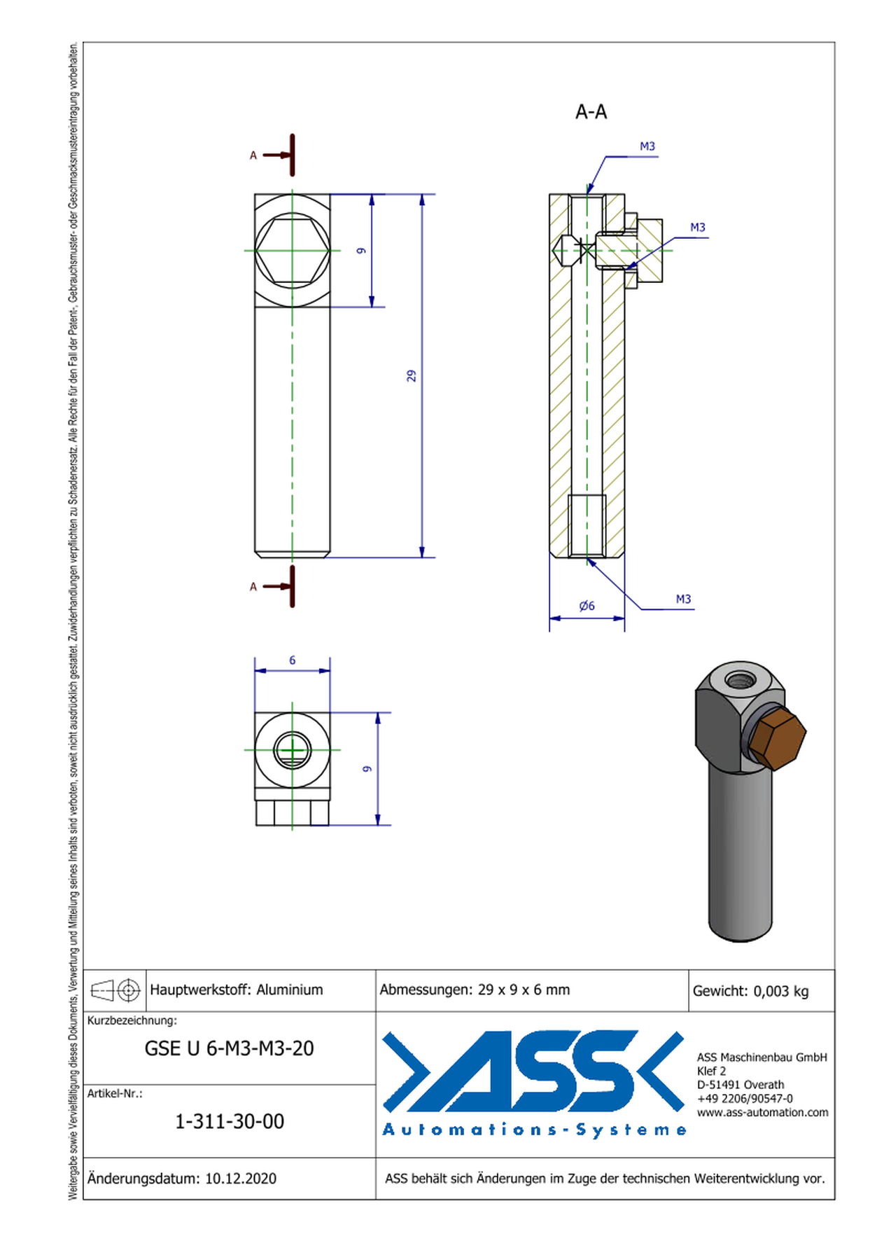 GSE U 6-M3-M3-20 Gripper Arm for Vacuum Cups with Air Duct, Micro