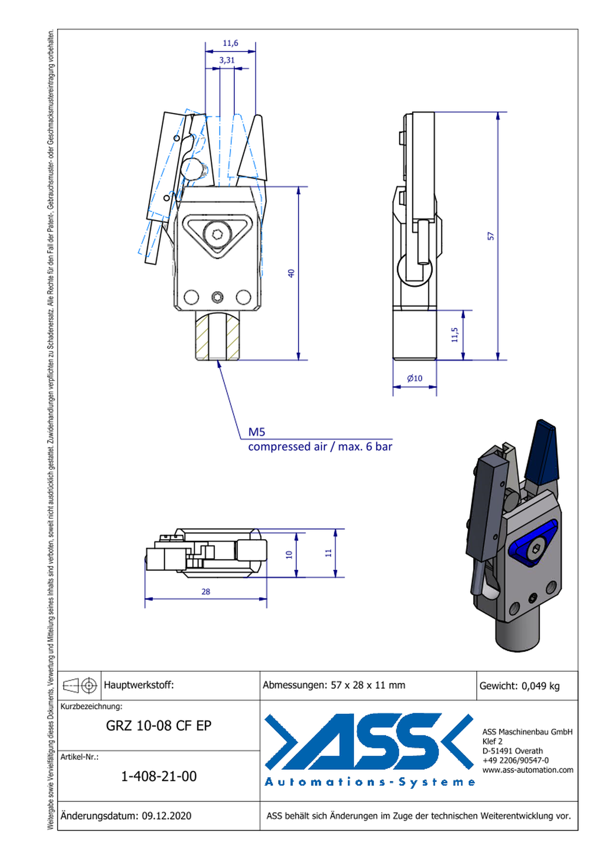 GRZ 10-08 CF EP Gripper with Jaw Type: EP Coating, blue / Sensor