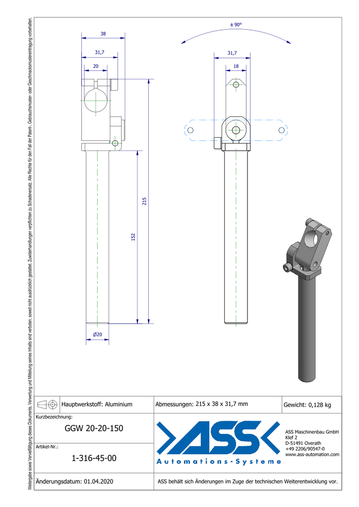 GGW 20-20-150 Gripper Arm, +/- 90 degree