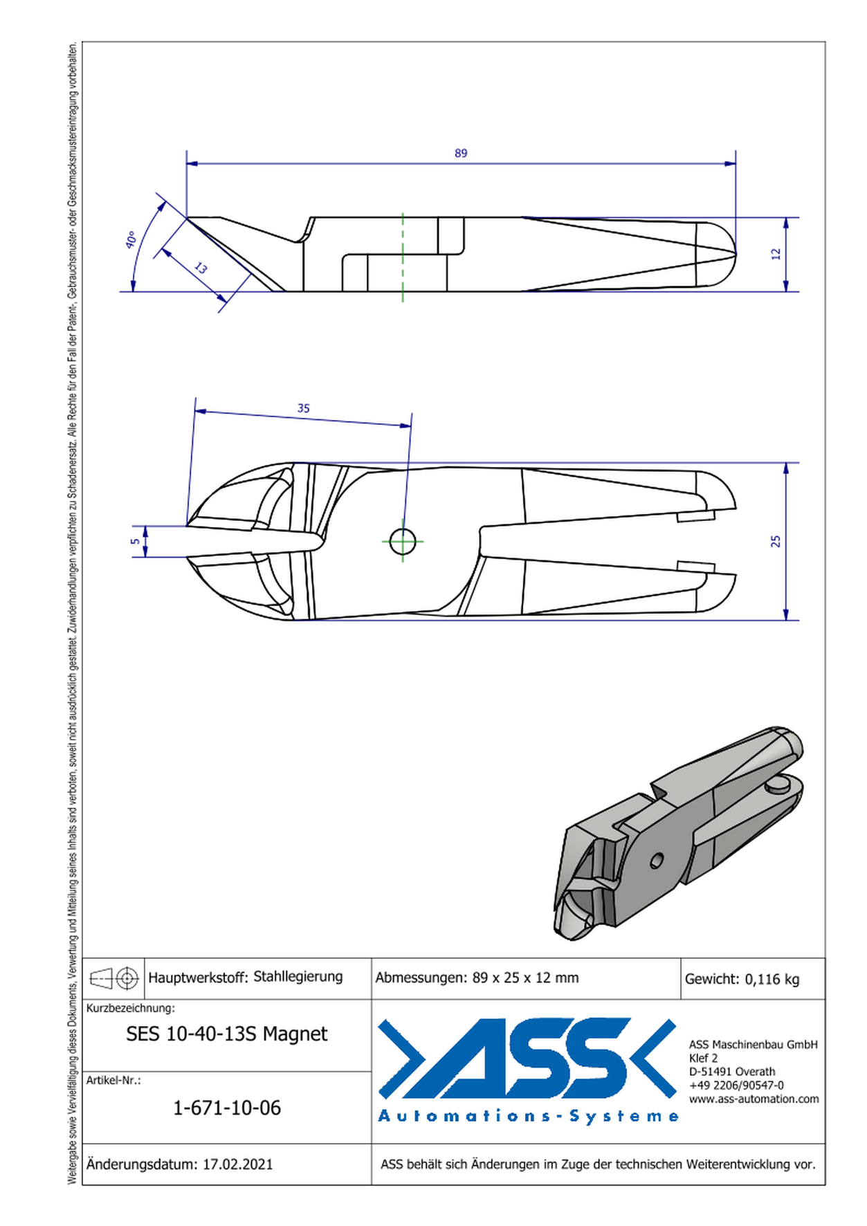 SES10-40-13S Magnet Nipper Blade Magnetic Return, Standard for ASN 10