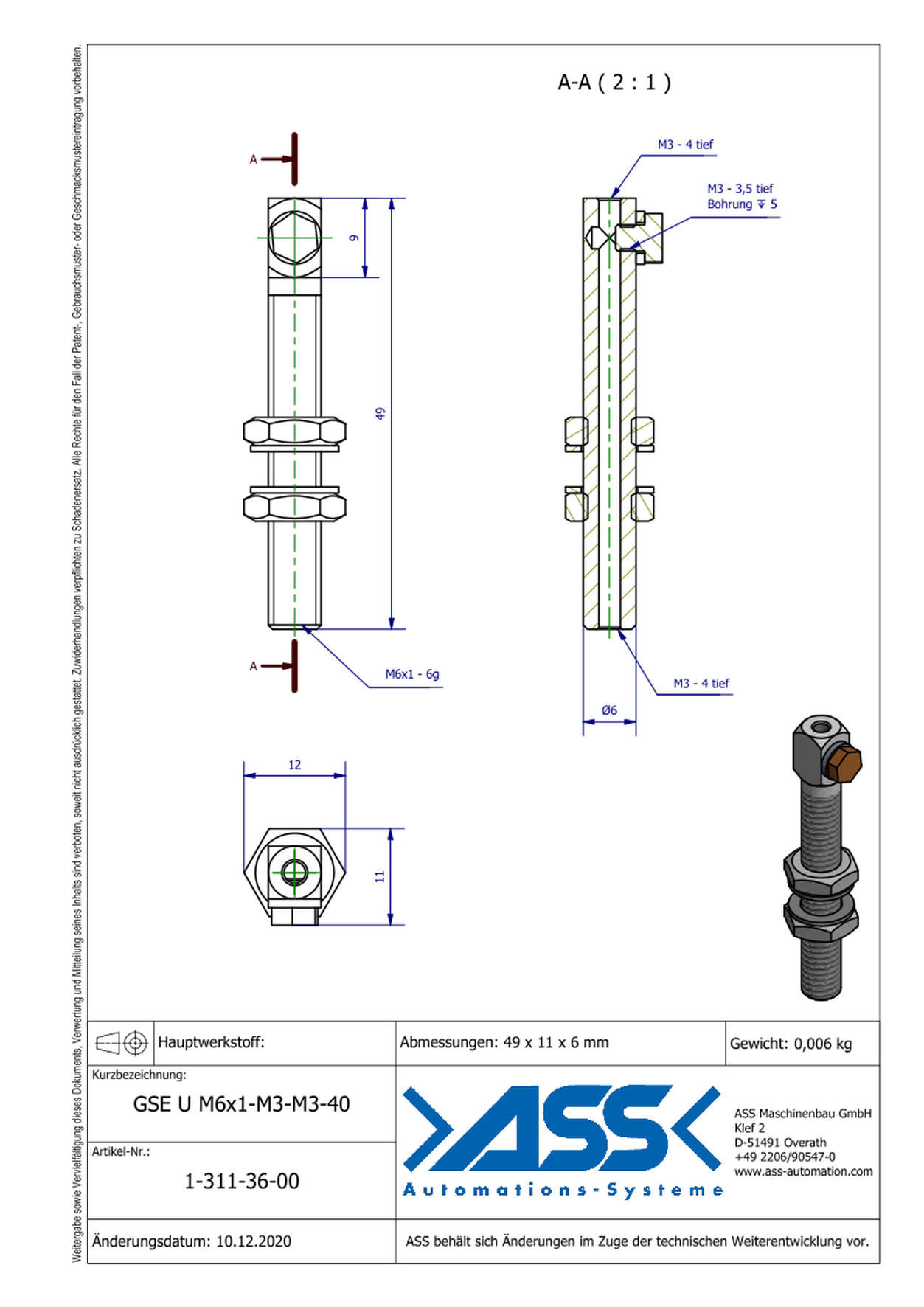 GSE U M6x1-M3-M3-40 Gripper Arm for Vacuum Cups with Air Duct, Micro