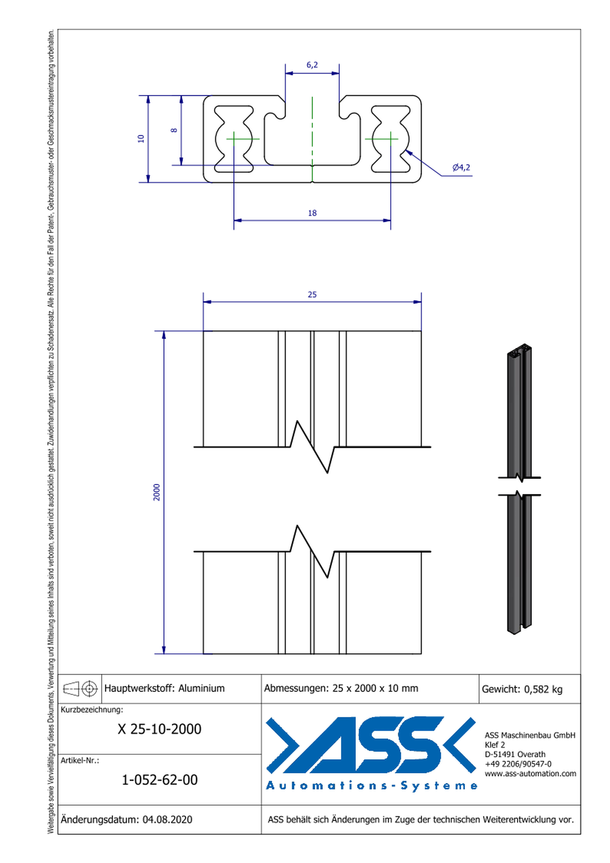 X 25-10-2000 Aluminiumprofile 2000 mm