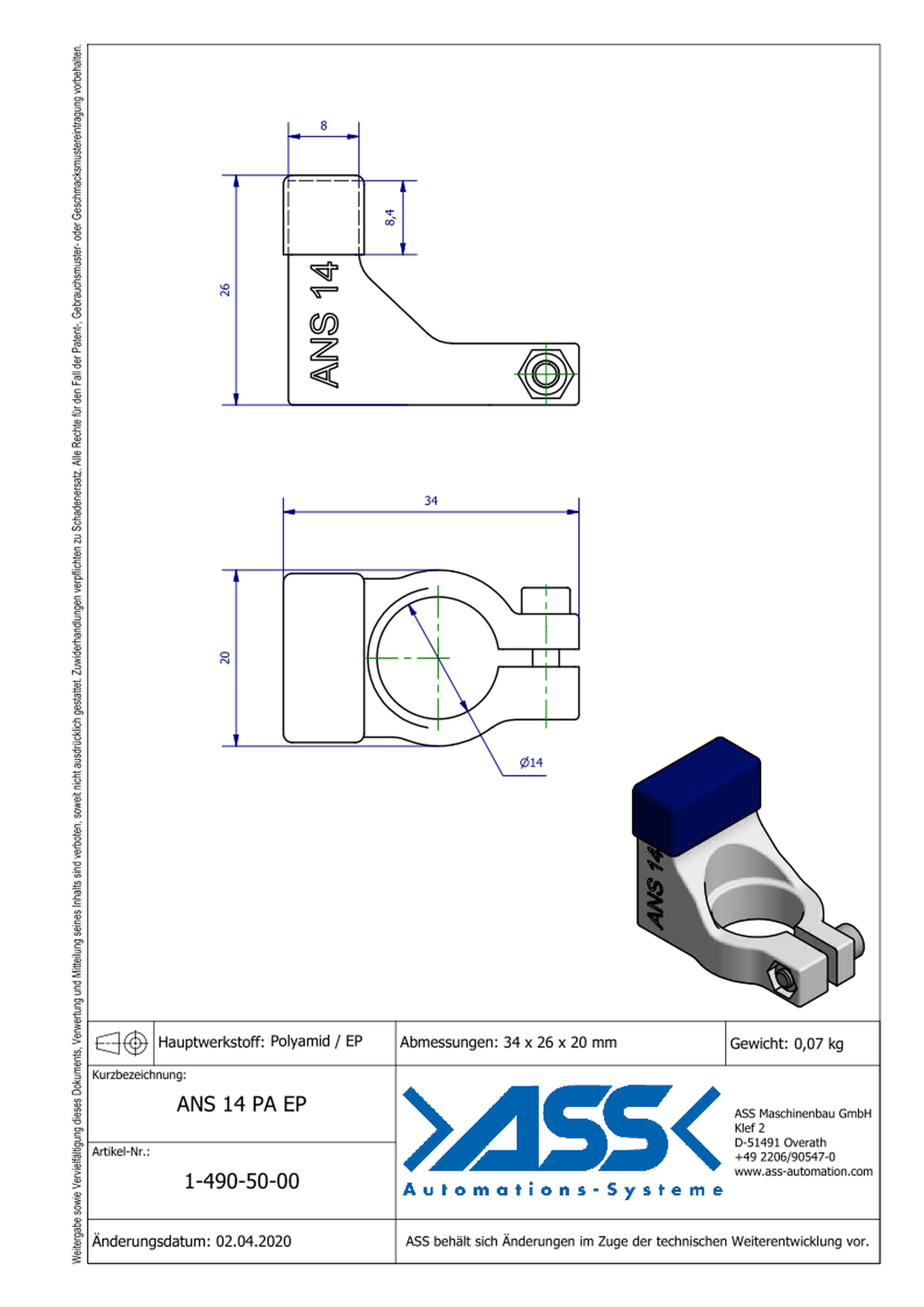 ANS 14 PA EP S Holding Bracket made of Polyamide with EP Coating