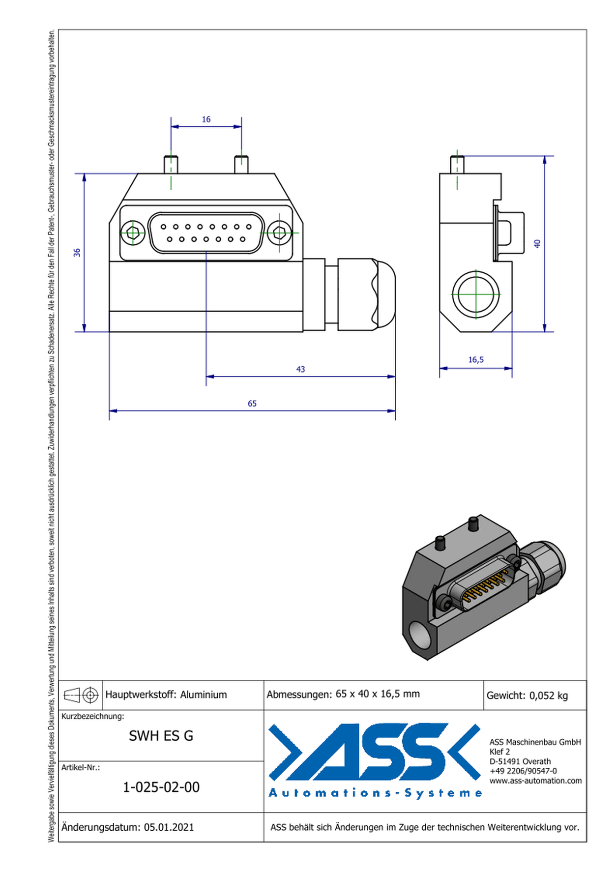 SWH ES G Electrical Interface D-SUB for SWH