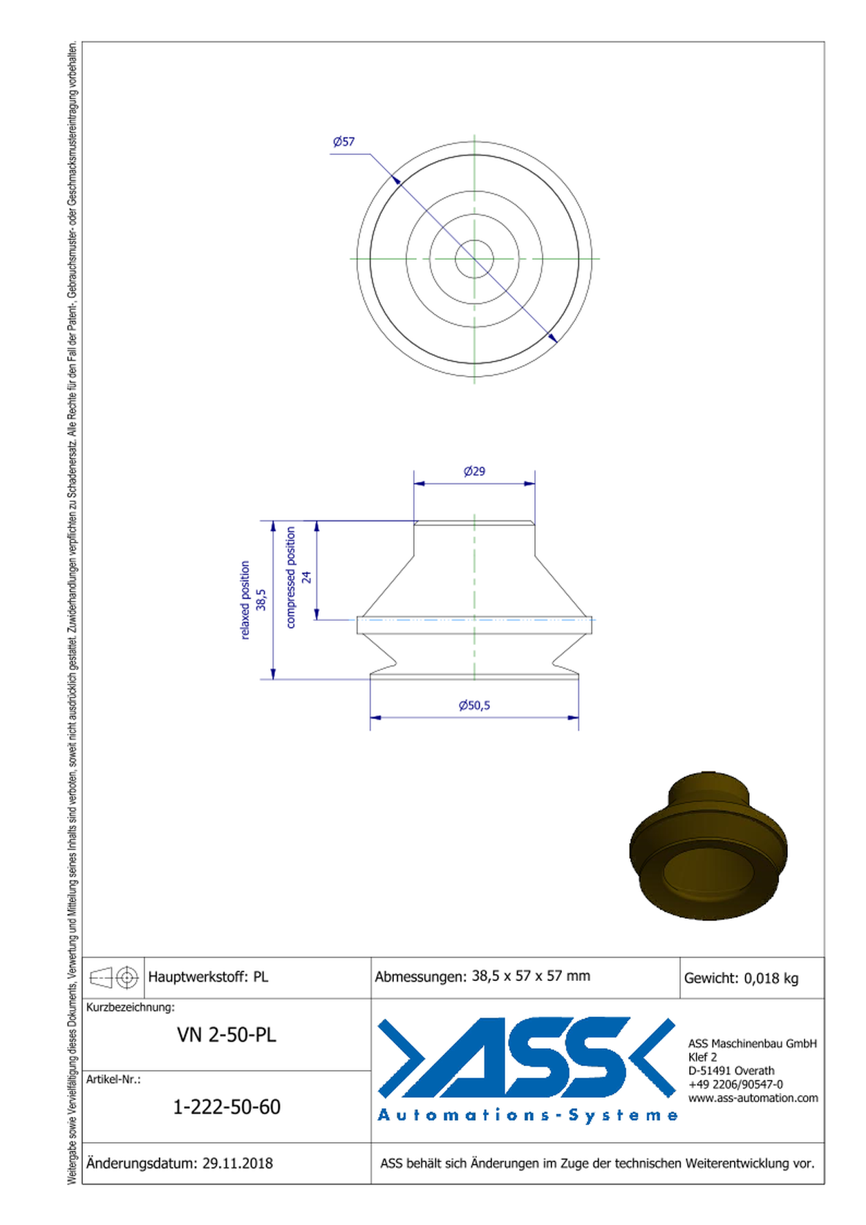 VN 2-50-PL Suction Cup, 2 Bellows