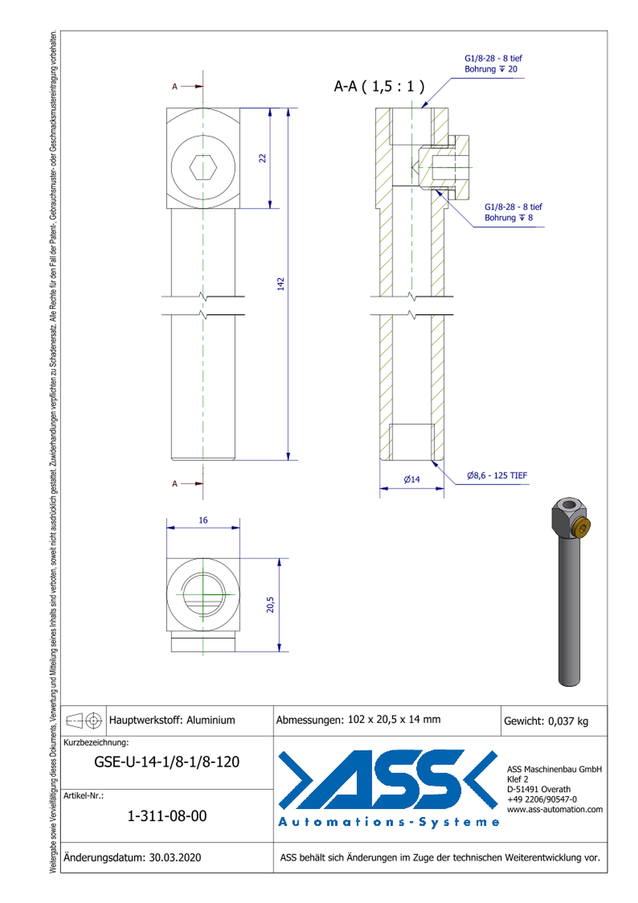 GSE U 14-1/8-1/8-120 Gripper Arm for Vacuum Cups with Air Duct