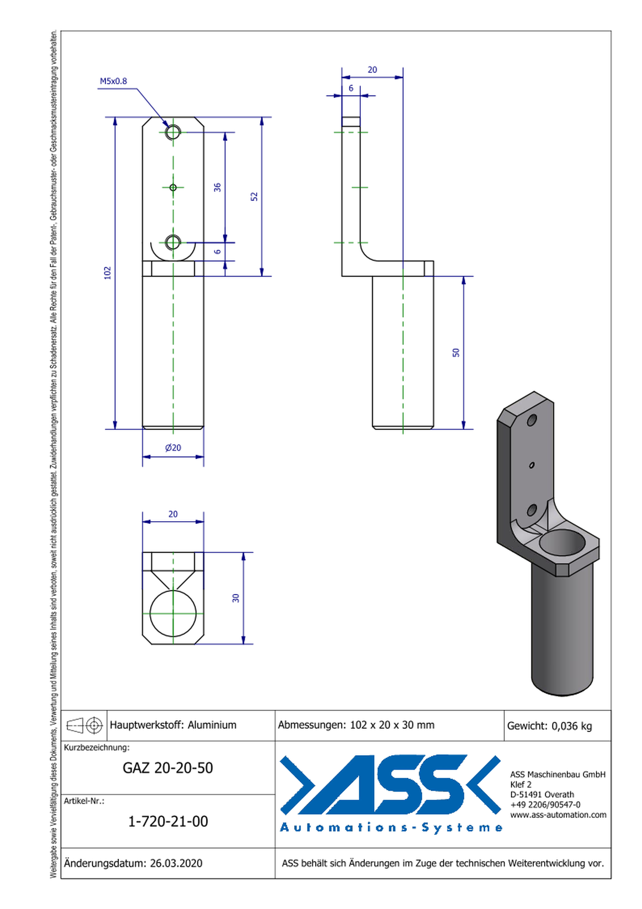 GAZ 20-20-50 Gripper Arm for Short Stroke Cylinder 