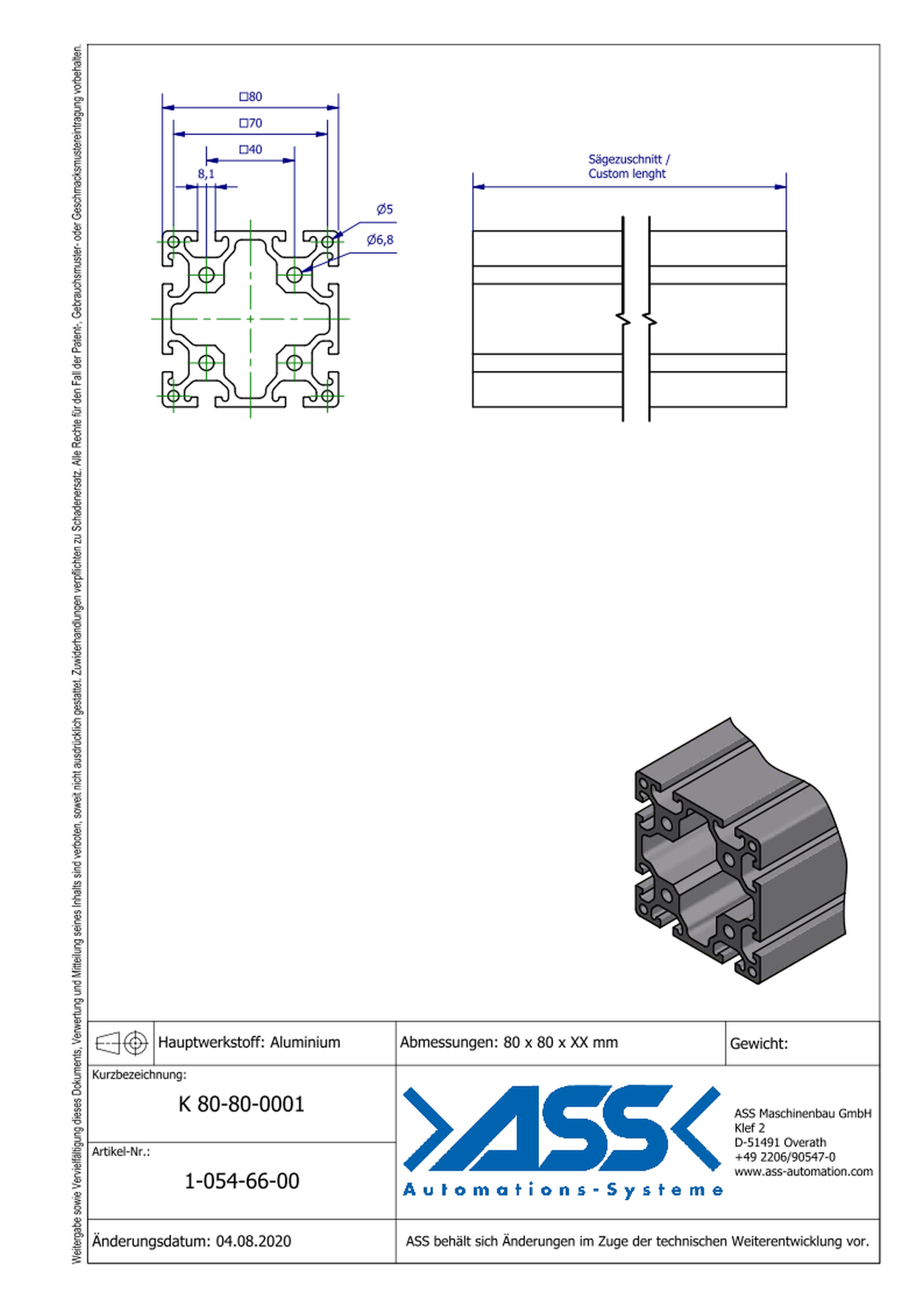 K 80-80-0001  Aluminiumprofile Length: Individual Cut