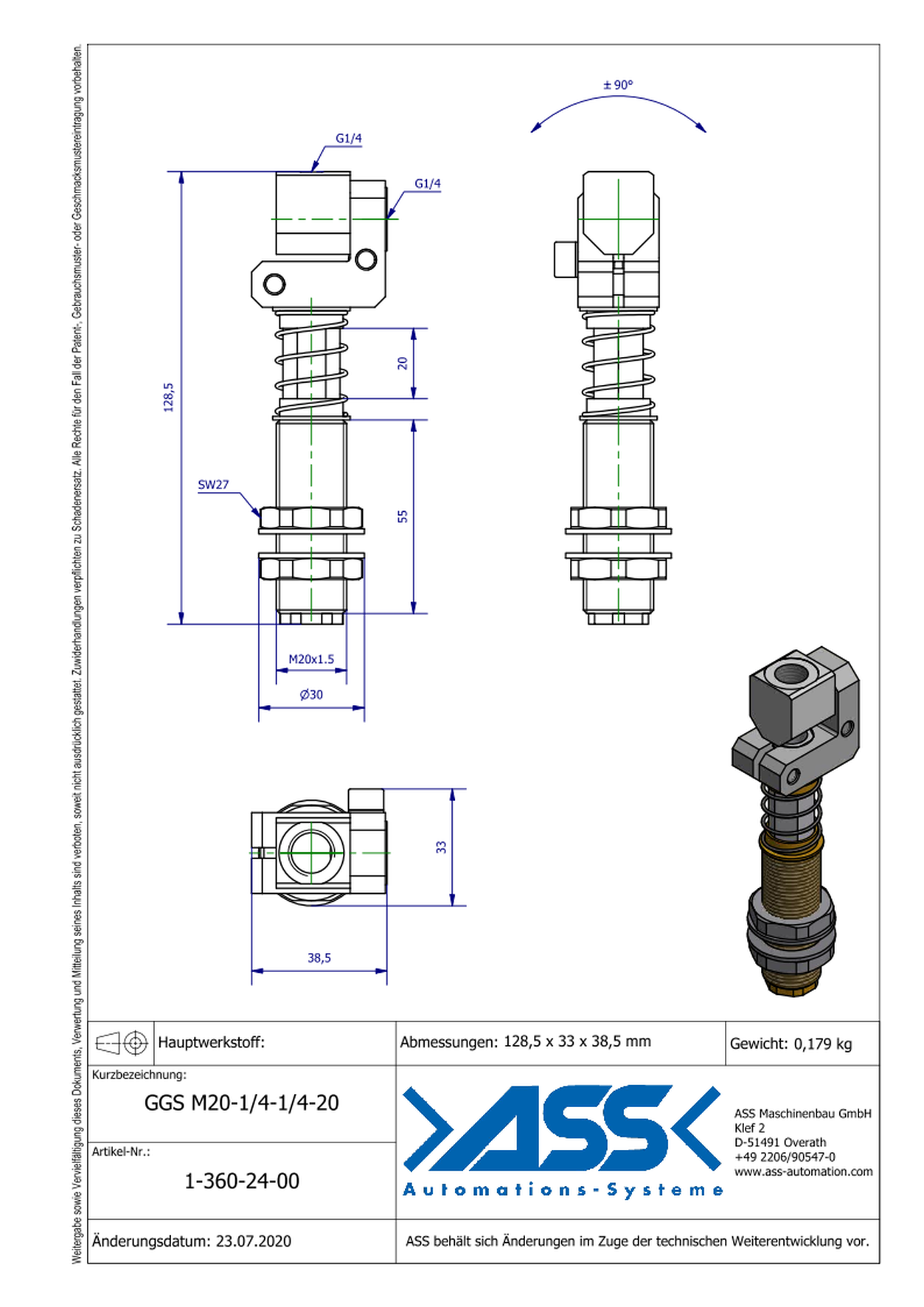 GGS M20-1/4-1/4-20 Spring Loaded Gripper Arm, locked against rotation