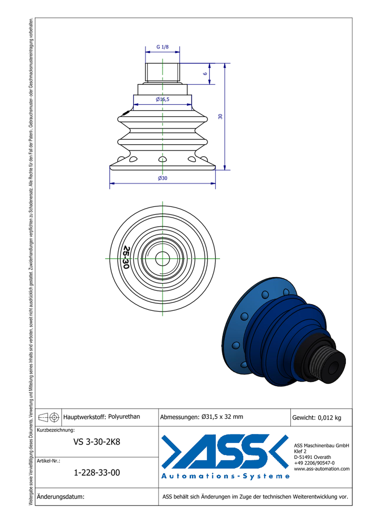 VS 3-30-2K8 2-Componet Vacuum Cup with 3 Bellows