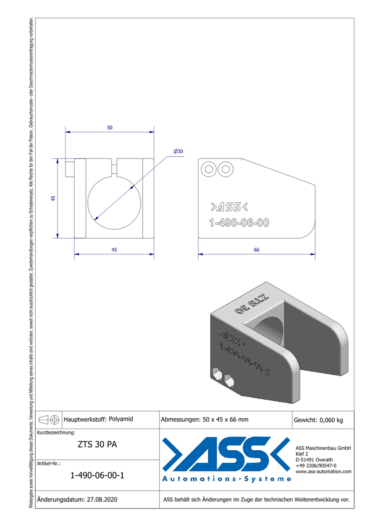 ZTS 30 PA Gripper Finger Guide made of Polyamide 