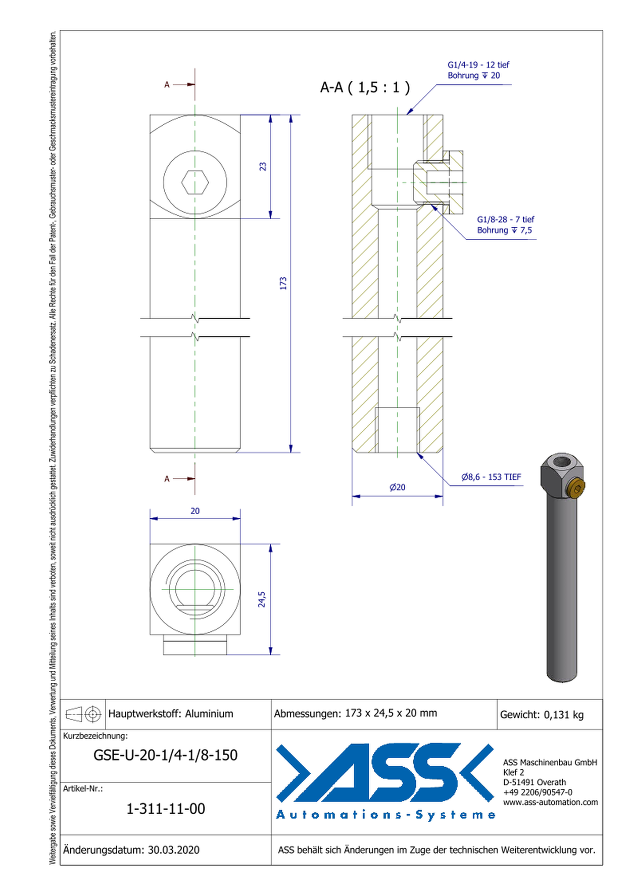 GSE U 20-1/4-1/8-150 Gripper Arm for Vacuum Cups with Air Duct