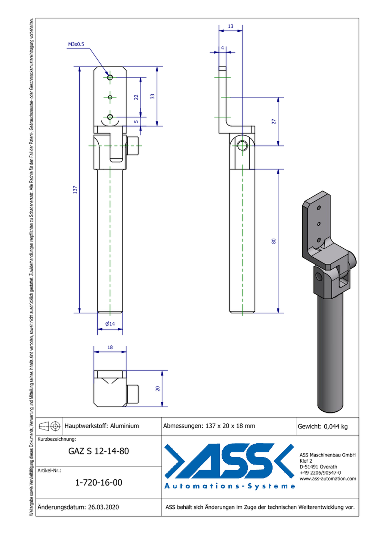 GAZ S 12-14-80 Gripper Arm for Short Stroke Cylinder, with Swivel