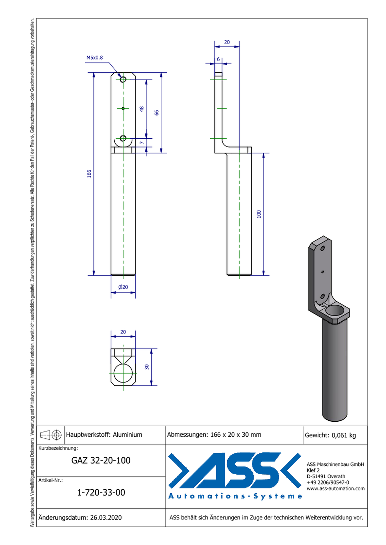 GAZ 32-20-100 Gripper Arm for Short Stroke Cylinder 