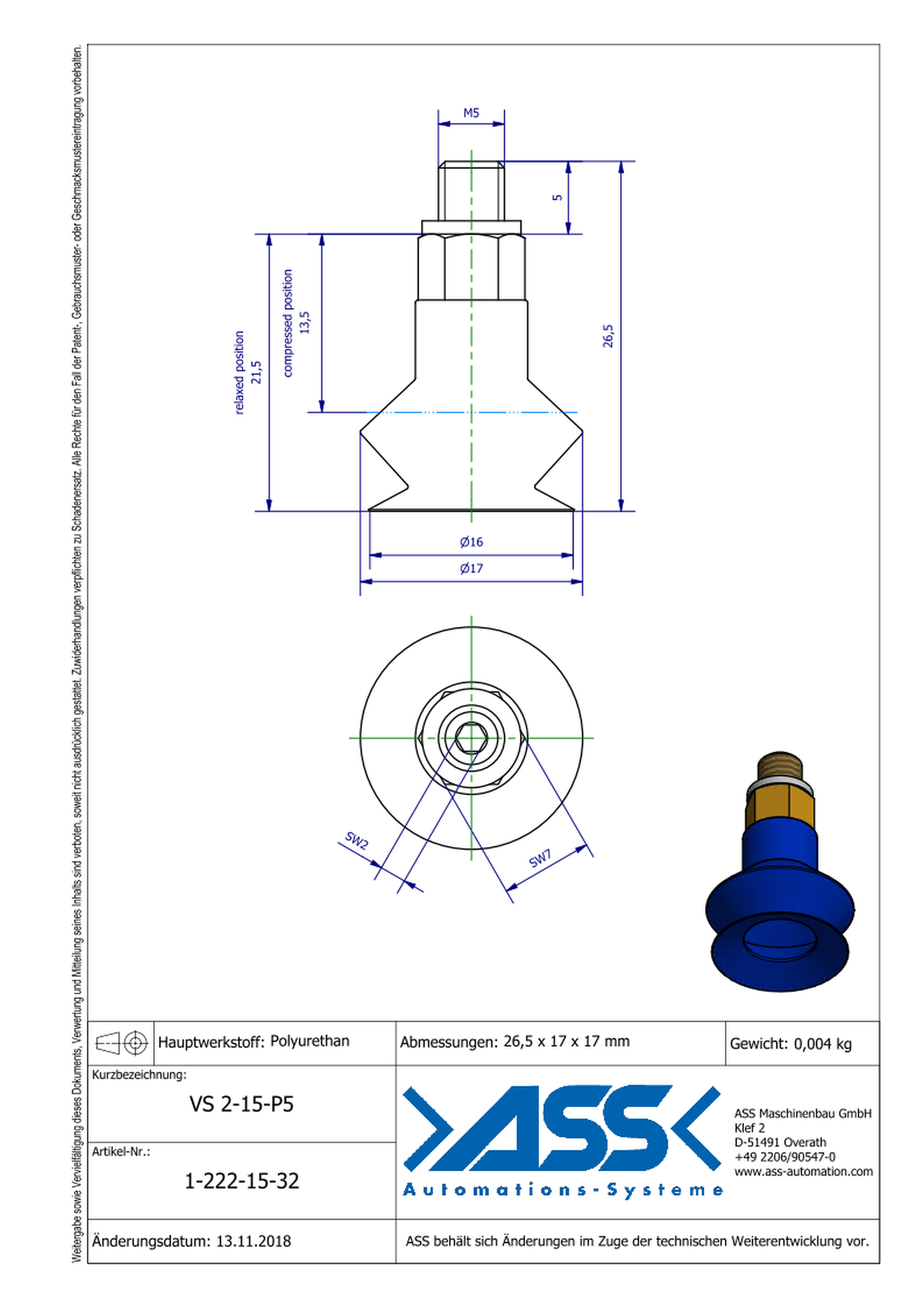 VS 2-15-P5 Vacuum Cup, 2 Bellows