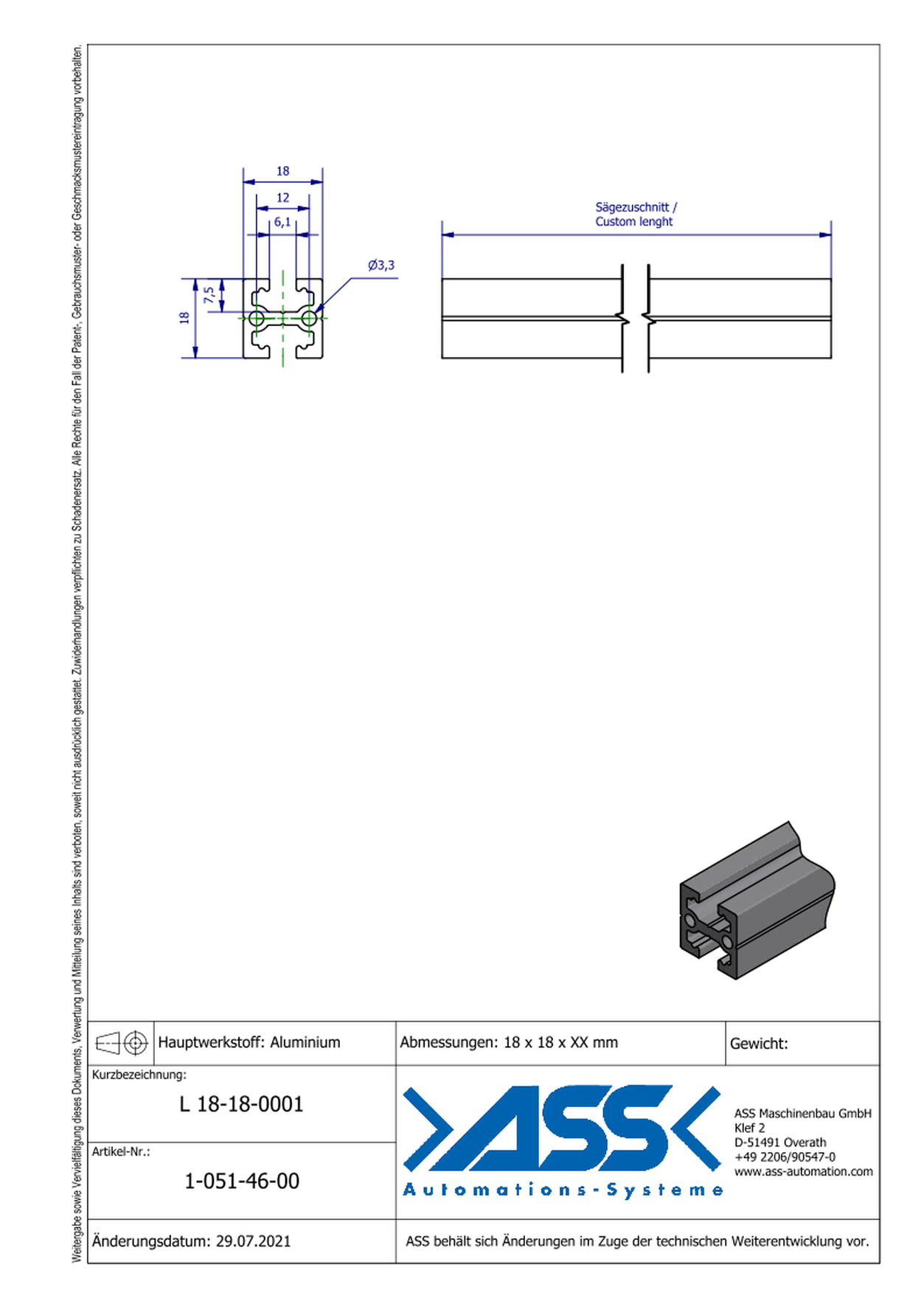 L 18-18-0001  Aluminiumprofile Length: Individual Cut