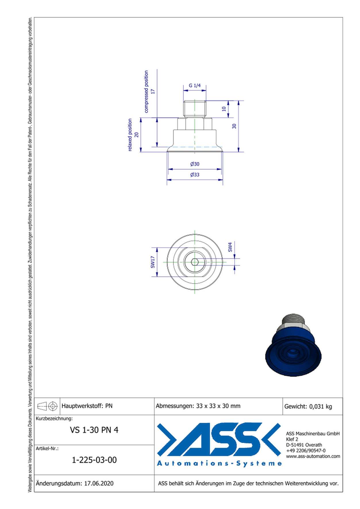 VS 1-30-PN4 Vacuum Cup, 1 Bellow, for sheet metal