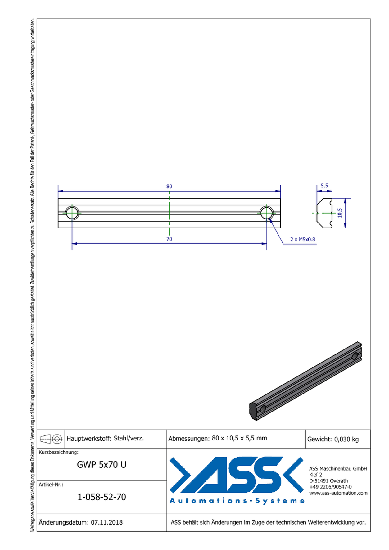 GWP 5-70 U Channel Nut with two Threads M5