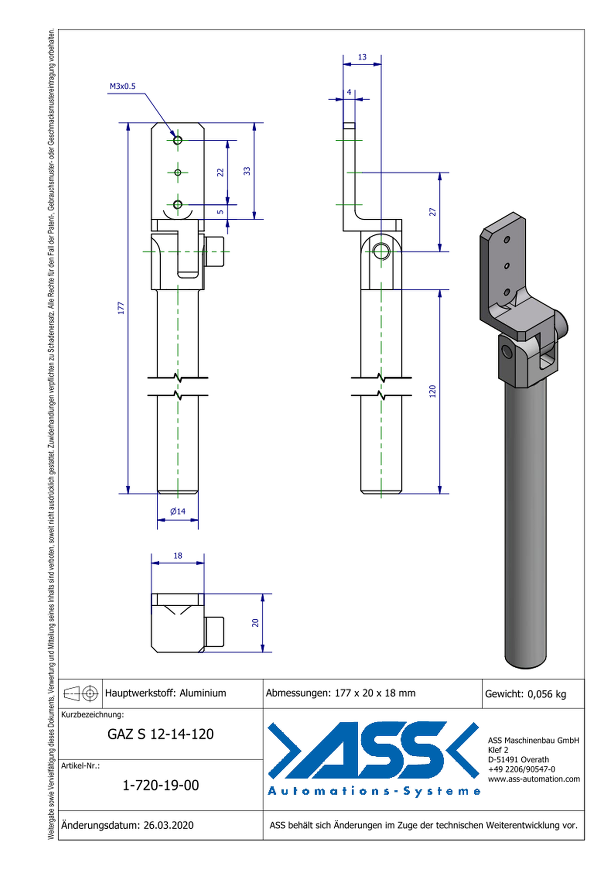 GAZ S 12-14-120 Gripper Arm for Short Stroke Cylinder, with Swivel