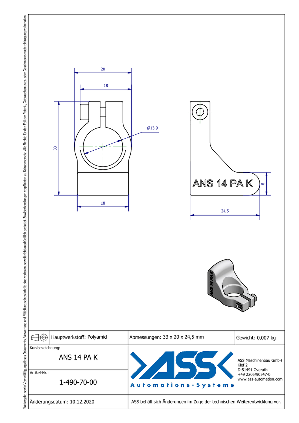 ANS 14 PA K Holding Bracket made of Polyamide, convex