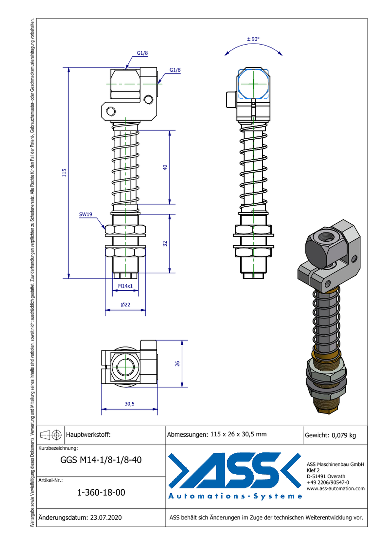 GGS M14-1/8-1/8-40 Spring Loaded Gripper Arm, locked against rotation