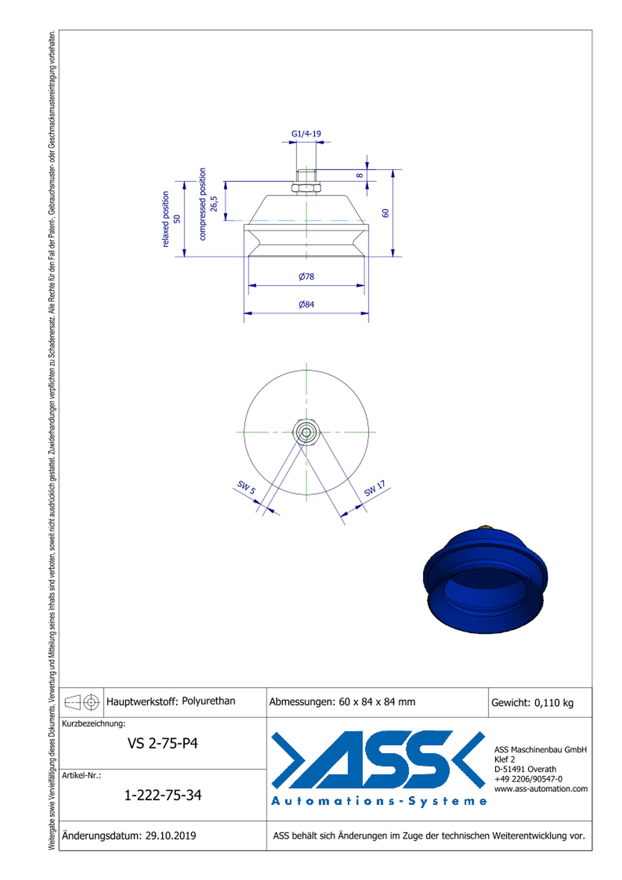 VS 2-75-P4 Vacuum Cup, 2 Bellows