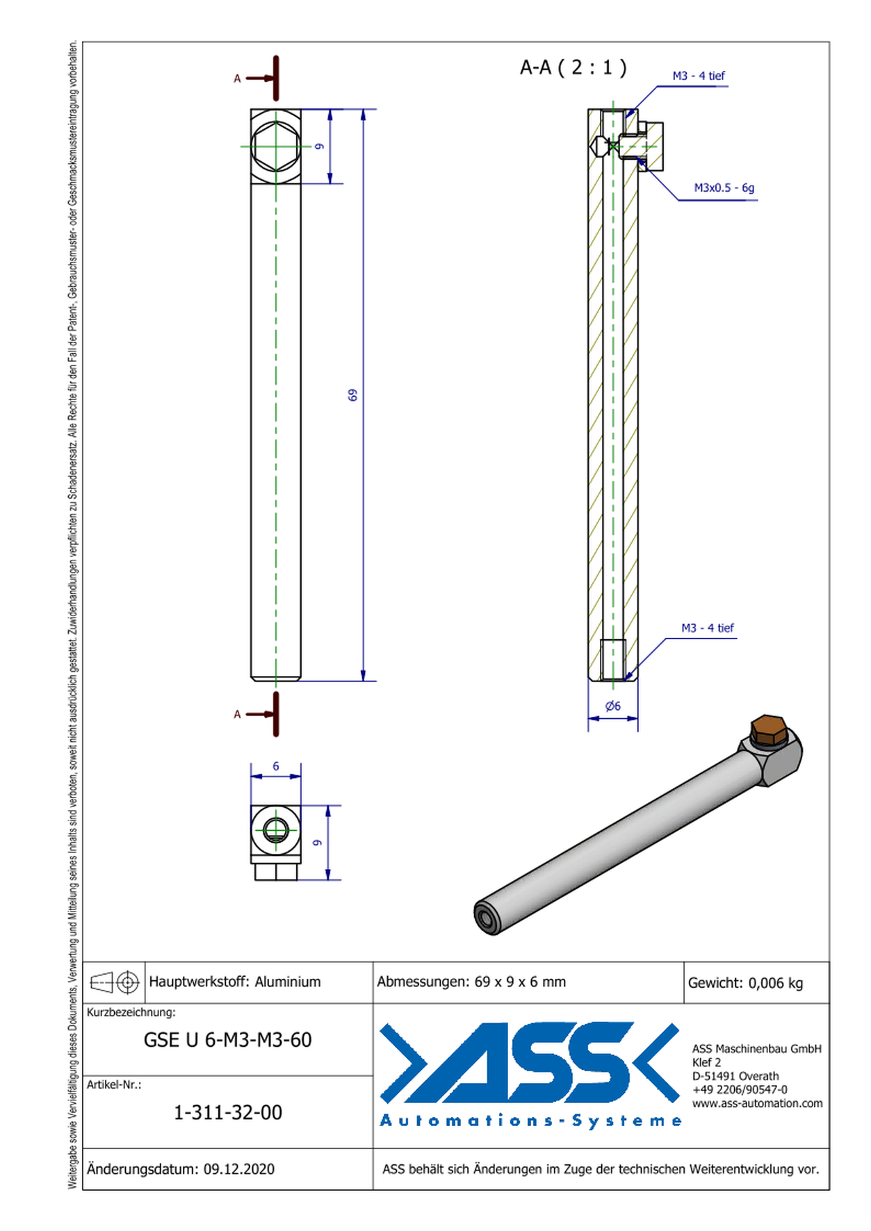 GSE U 6-M3-M3-60 Gripper Arm for Vacuum Cups with Air Duct, Micro