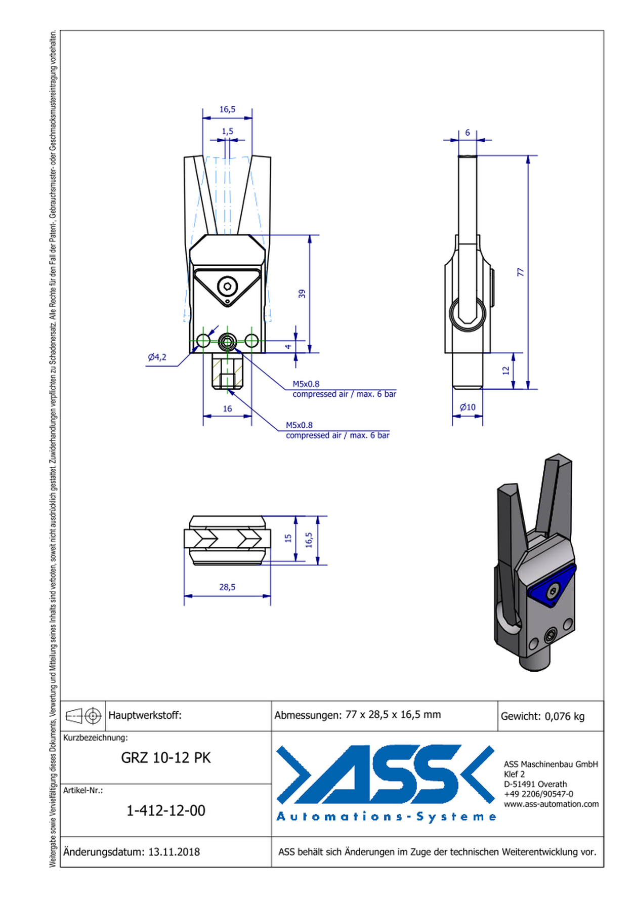 GRZ 10-12 PK Gripper with Jaw Type: Prism / V-Groove