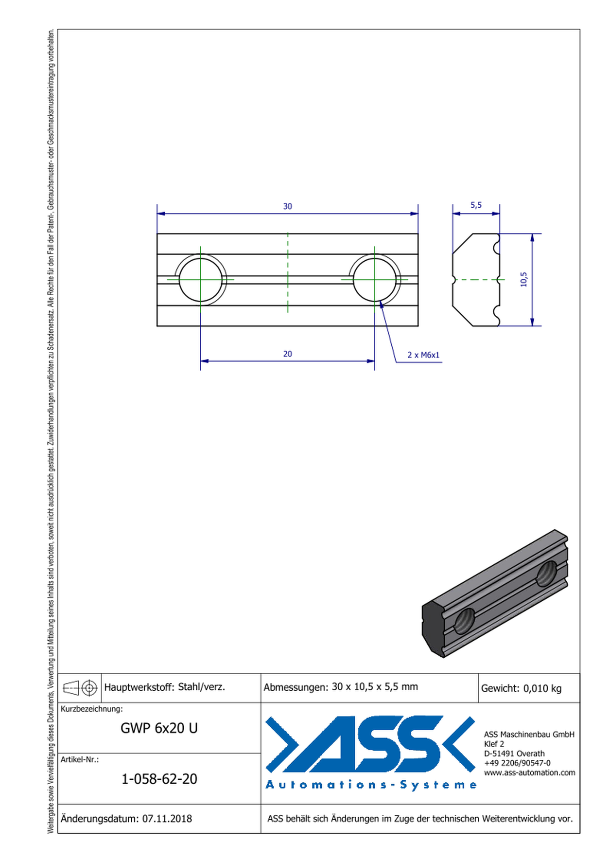 GWP 6-20 U Channel Nut with two Threads M6