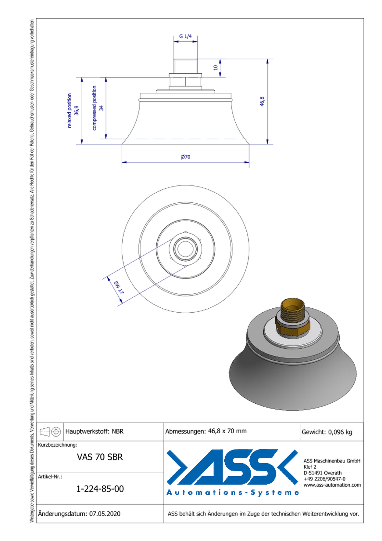 VAS 70 SBR Vacuum Cup, 3 Bellows