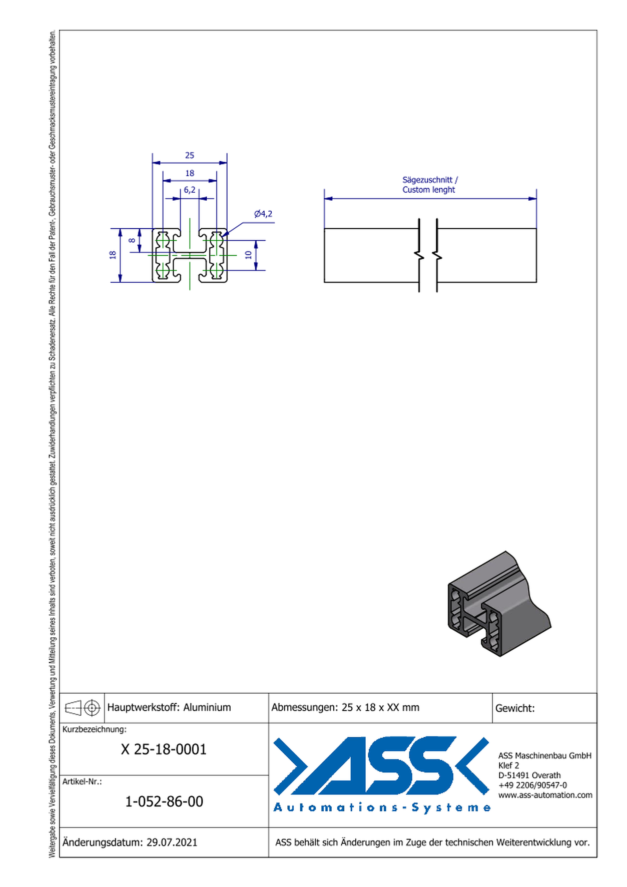 X 25-18-0001 Aluminiumprofile Length: Individual Cut