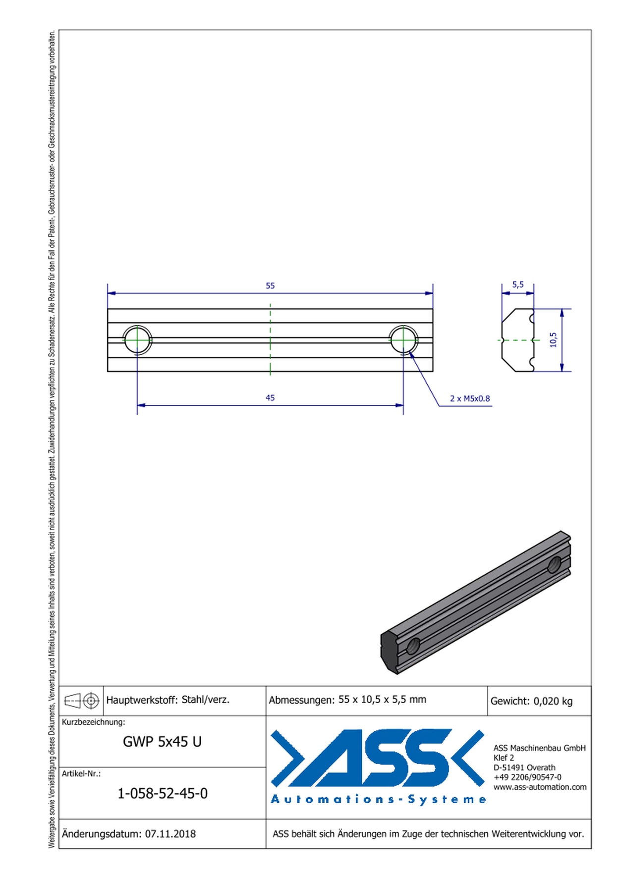 GWP 5-45 U Channel Nut with two Threads M5