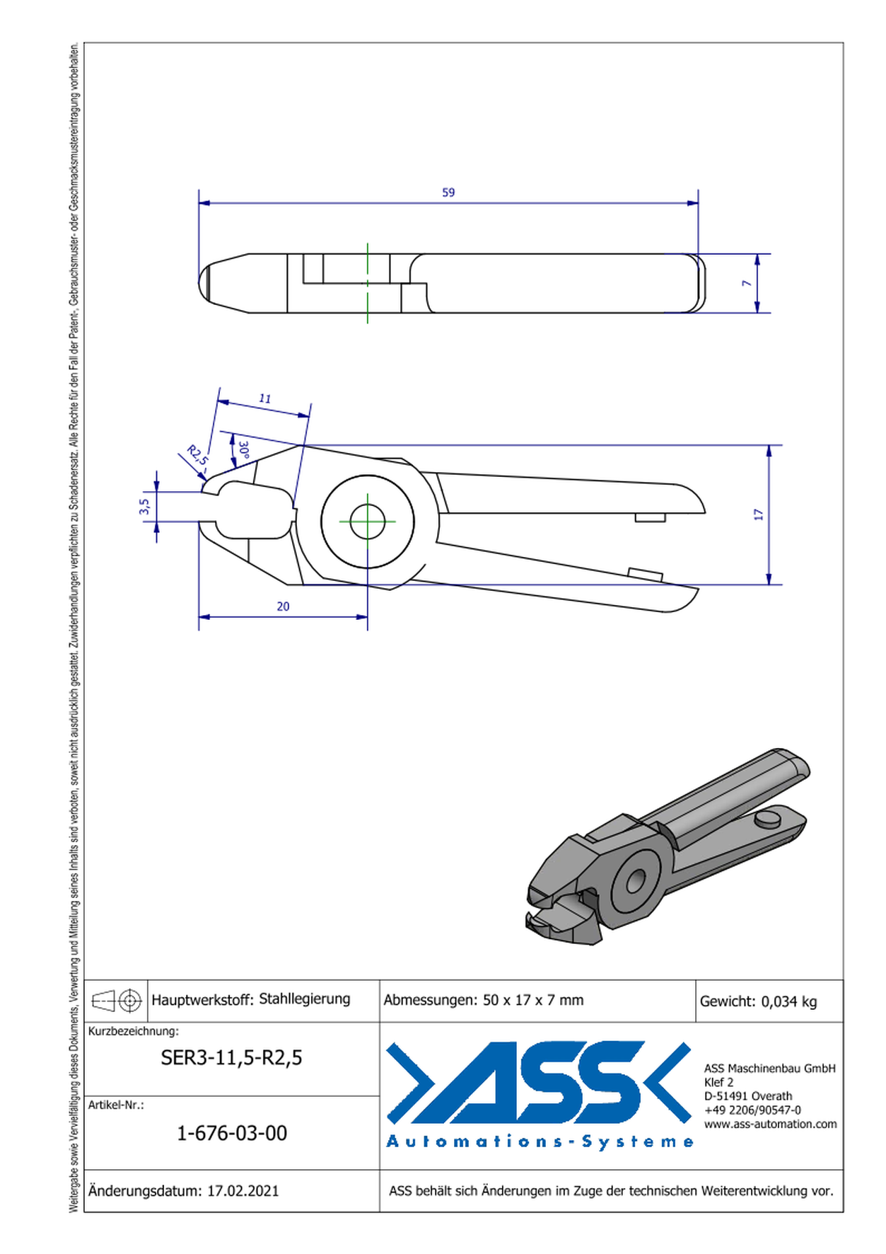 SER3-11,5-R2,5 Nipper Blade, Special Design: Radius