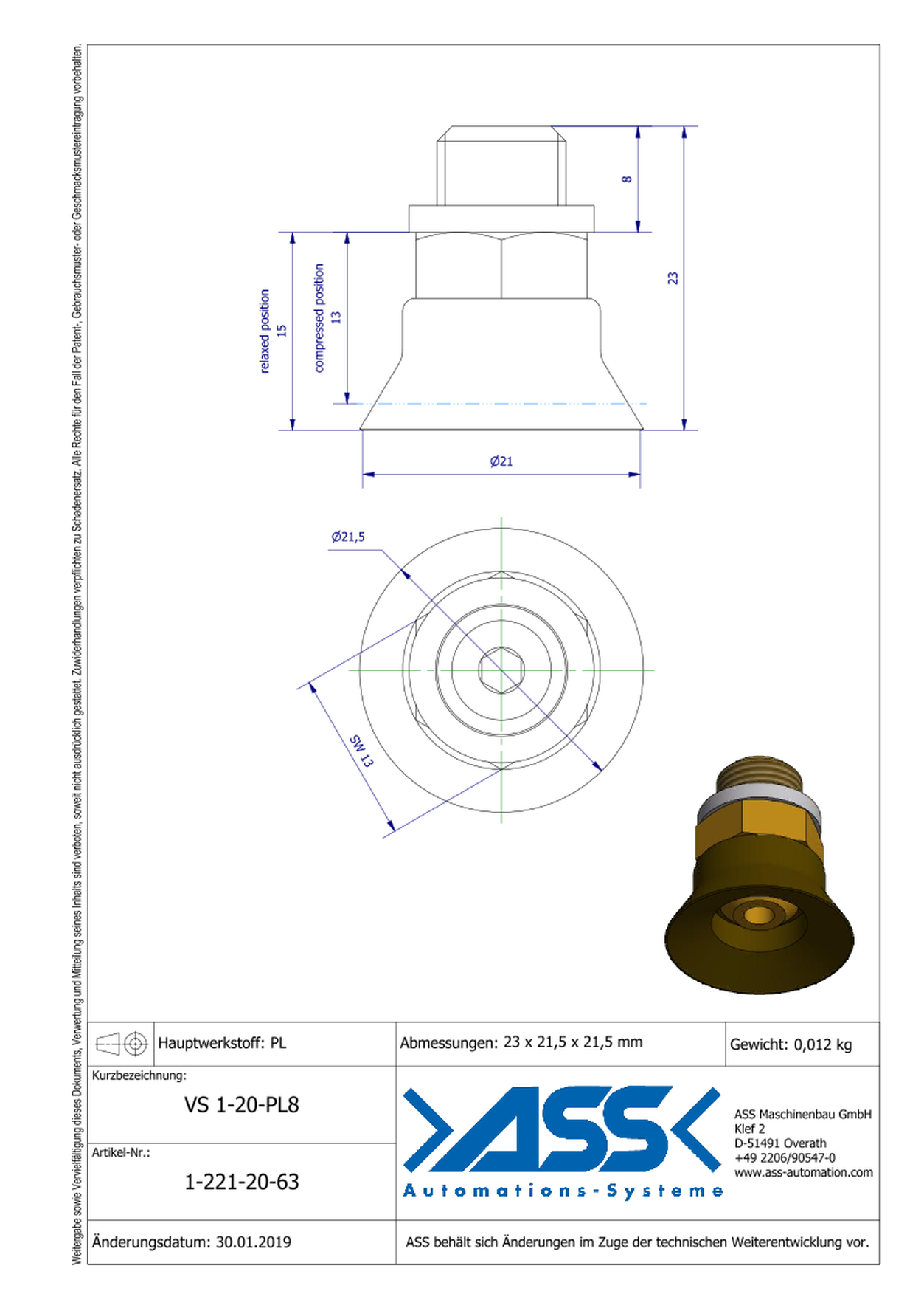 VS 1-20-PL8 Vacuum Cup, 1 Bellow