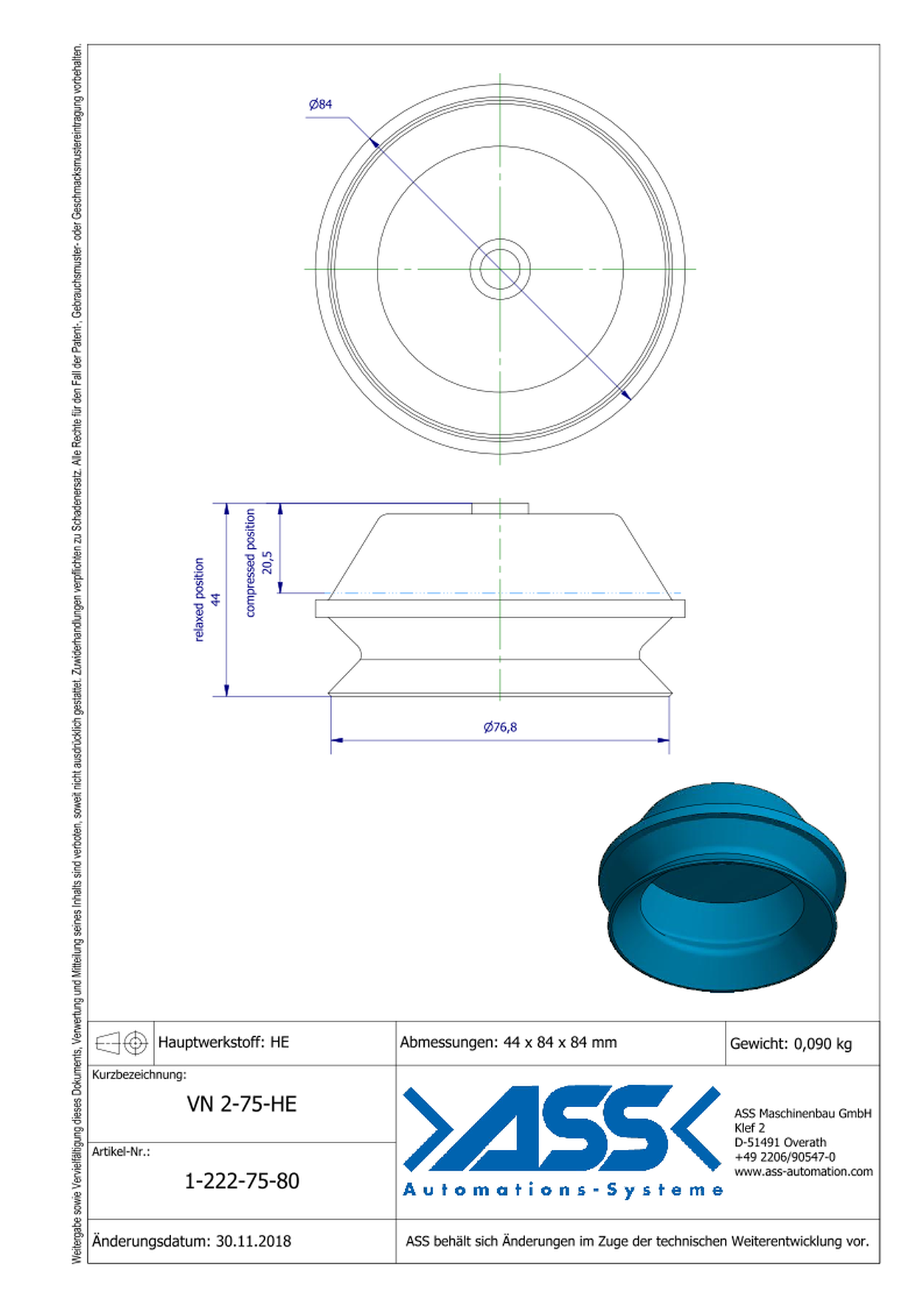 VN 2-75-HE Suction Cup, 2 Bellows