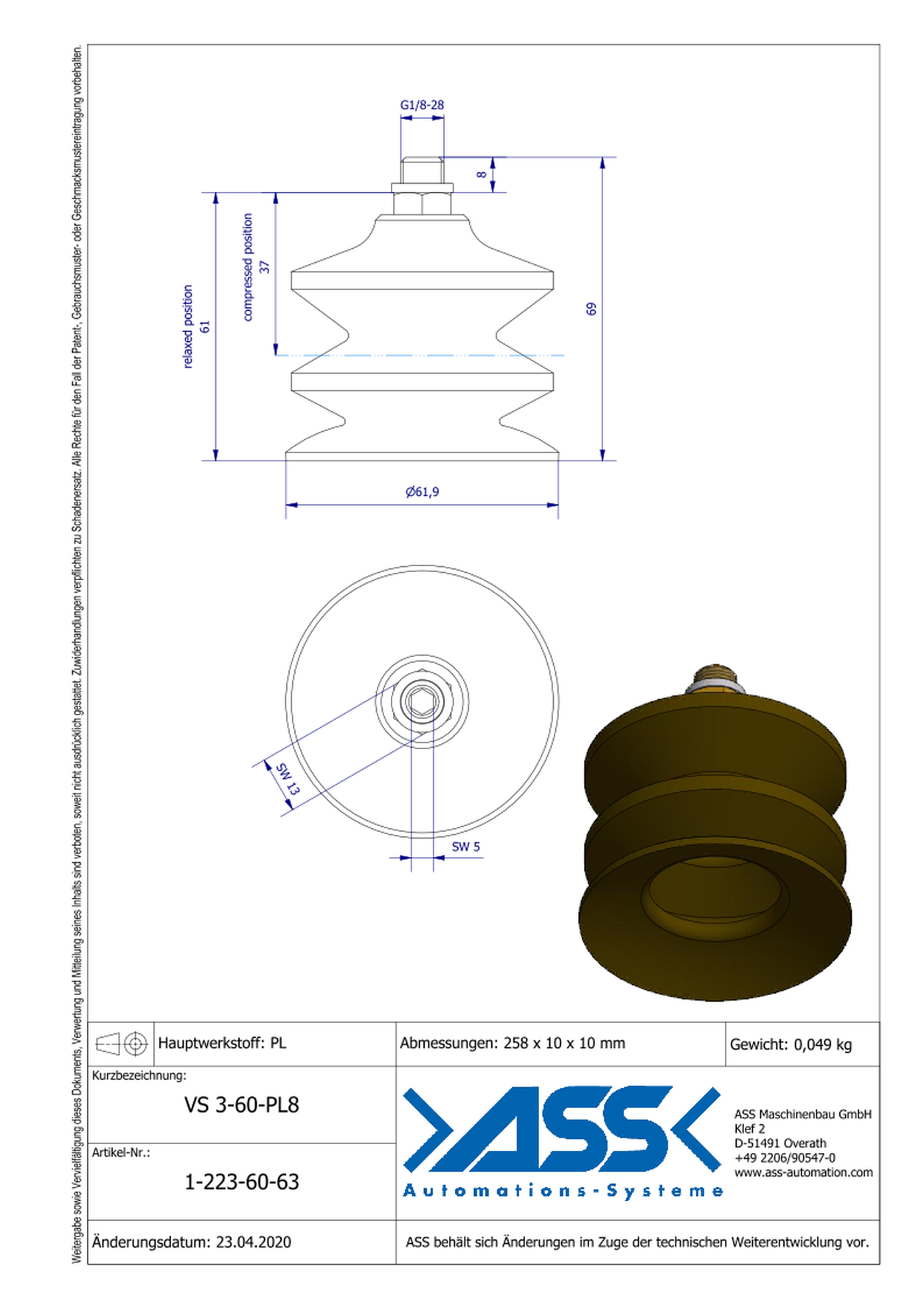 VS 3-60-PL8 Vacuum Cup, 3 Bellows