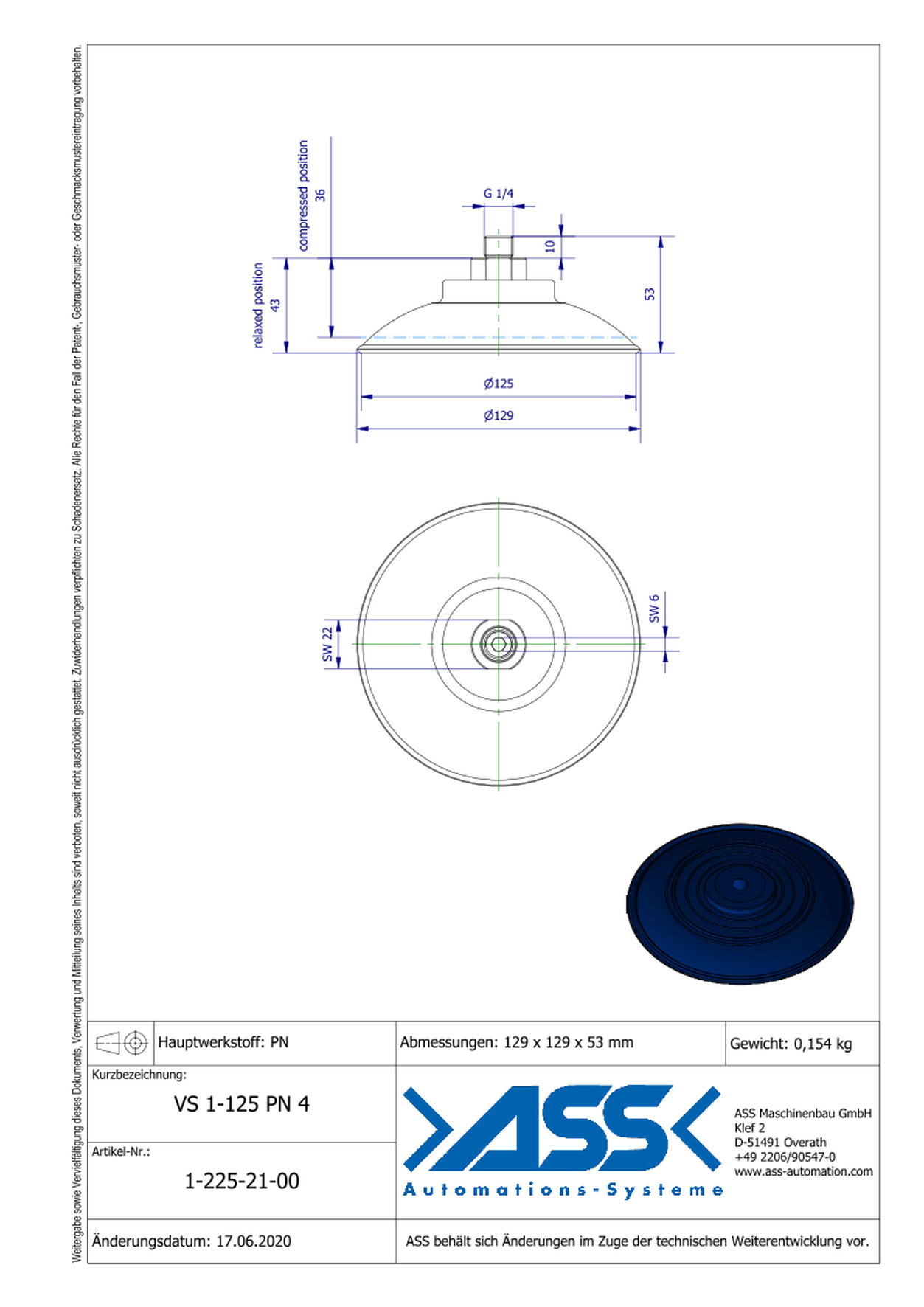 VS 1-125-PN4 Vacuum Cup, 1 Bellow, for sheet metal