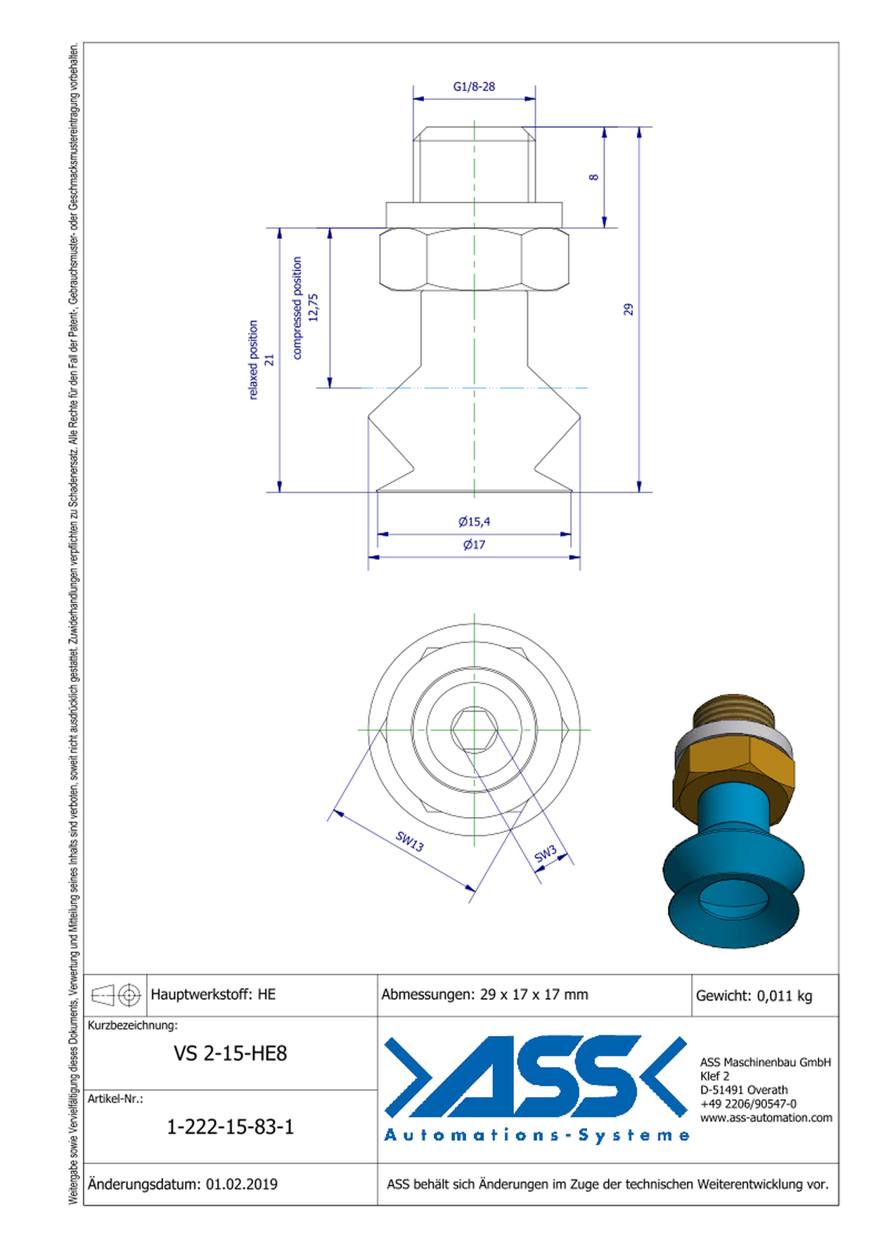 VS 2-15-HE8 (new version) Vacuum Cup, 2 Bellows