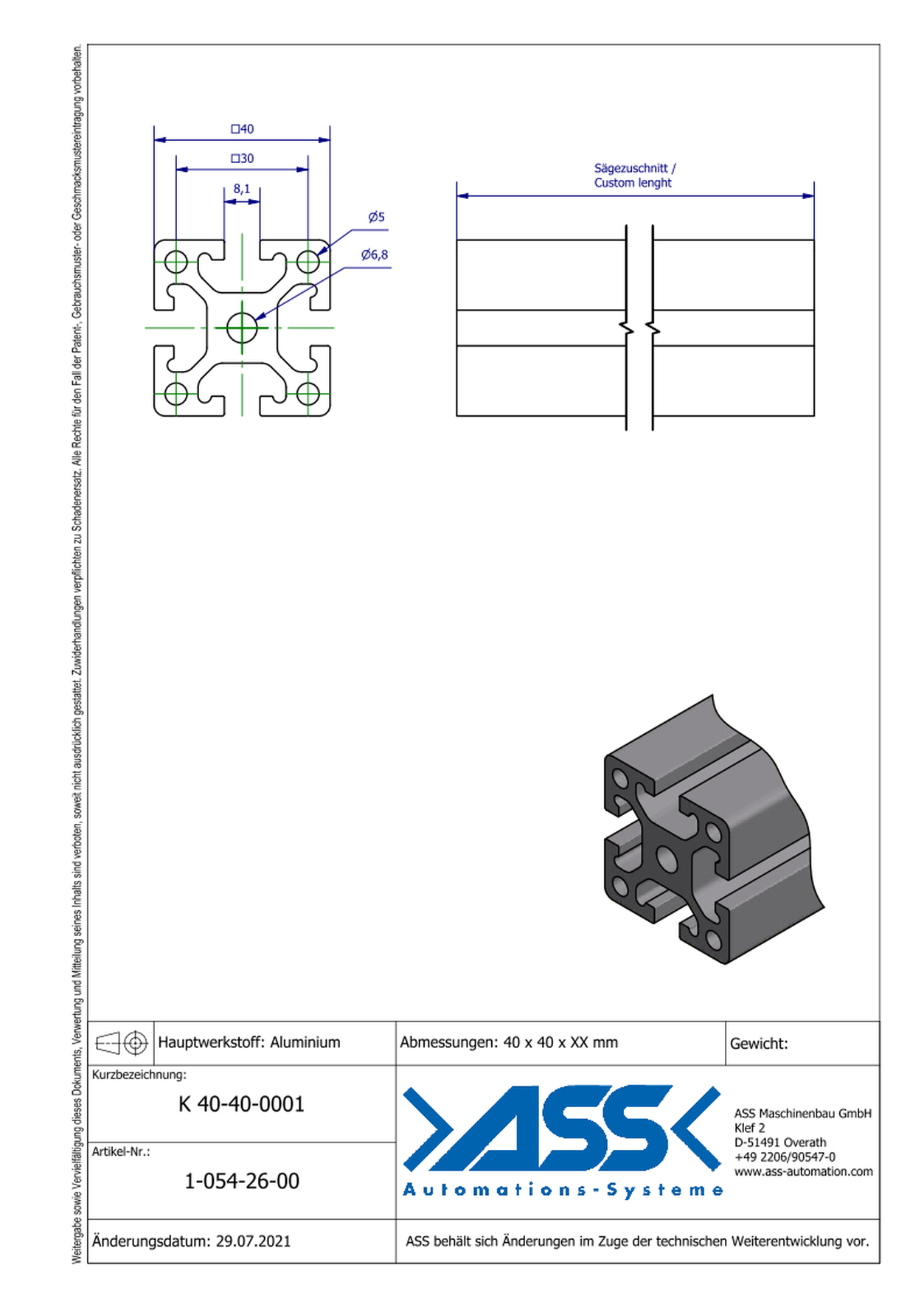 K 40-40-0001  Aluminiumprofile Length: Individual Cut