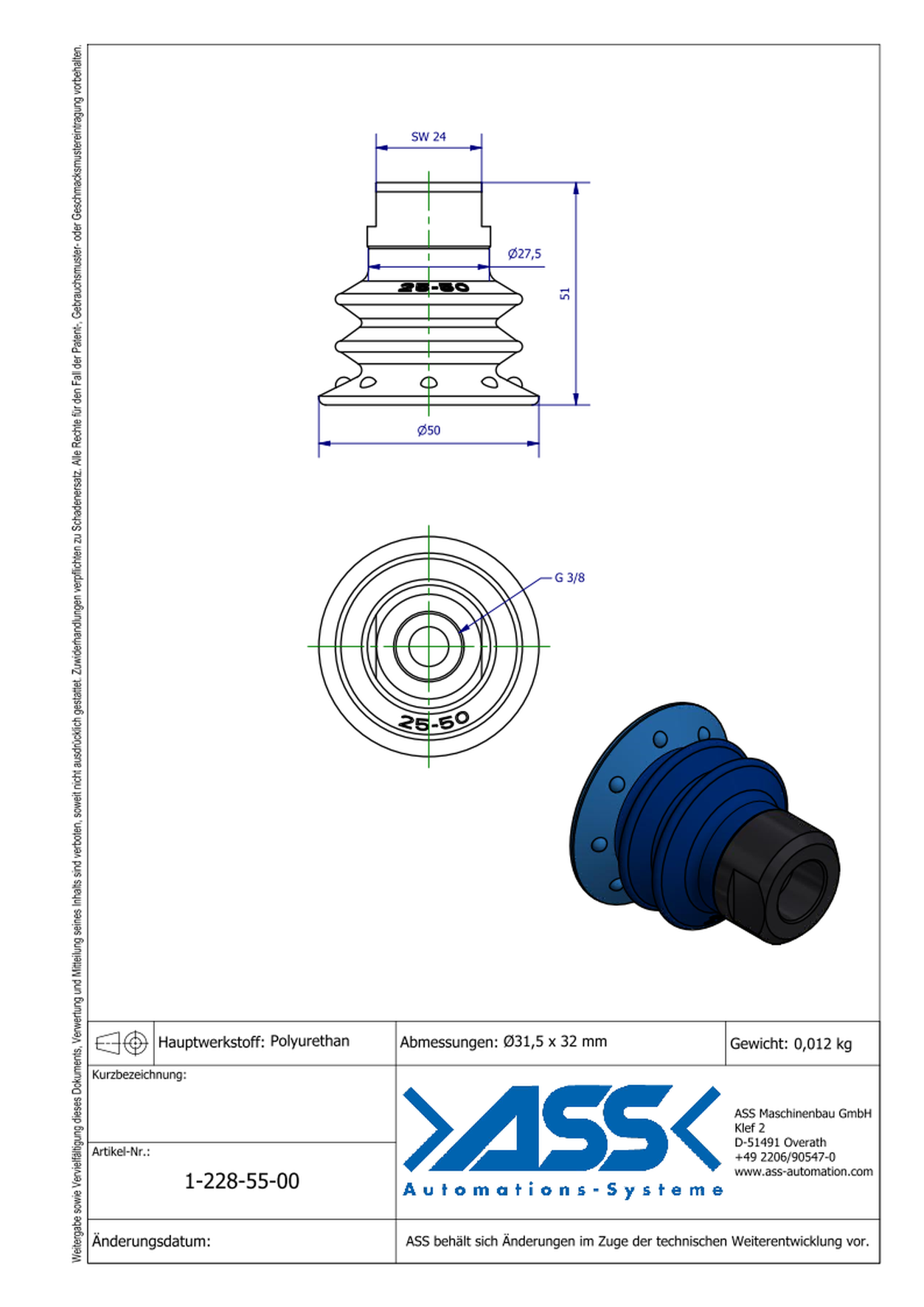 VS 3-50-2K3-8 2-Componet Vacuum Cup with 3 Bellows