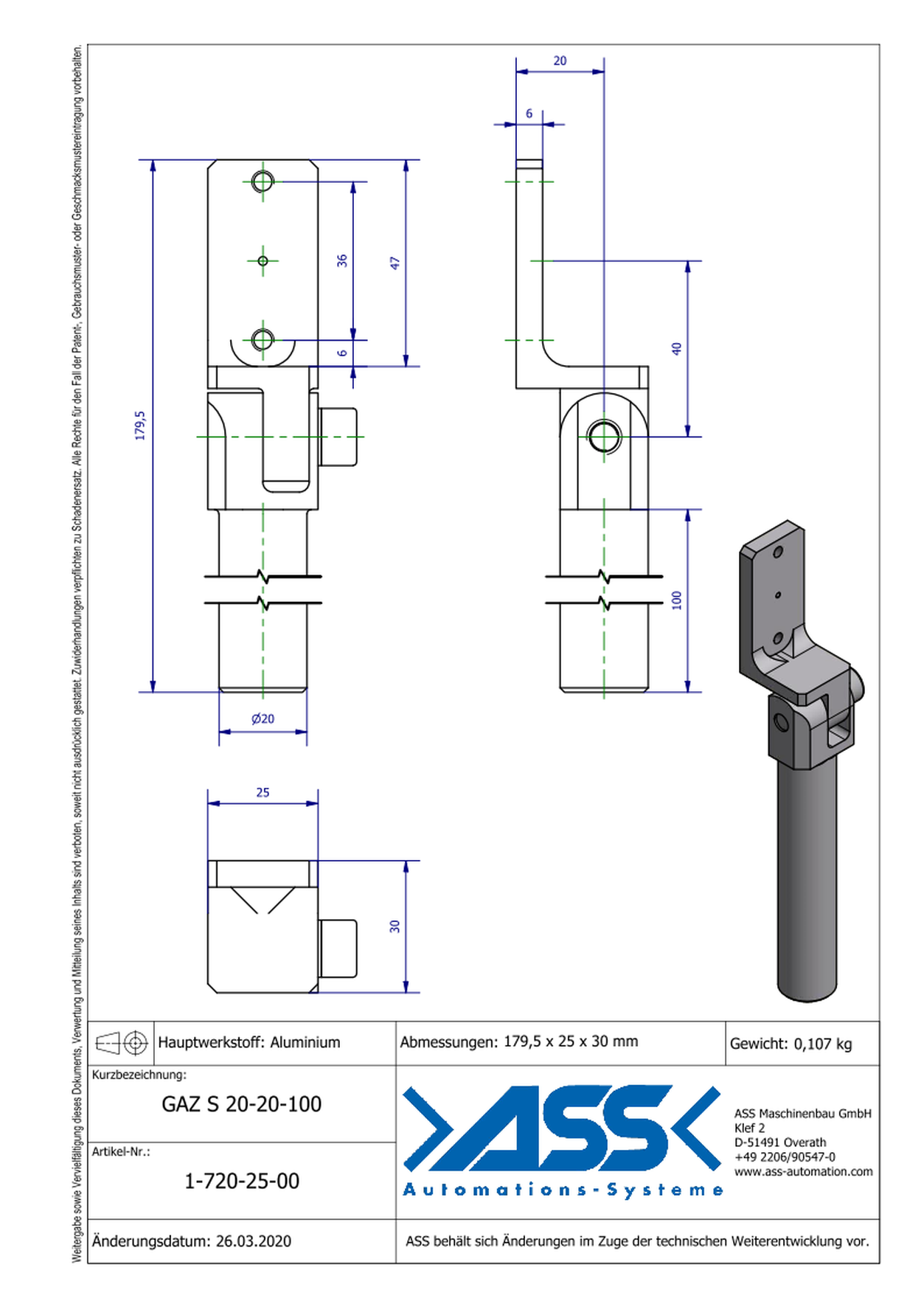 GAZ S 20-20-100 Gripper Arm for Short Stroke Cylinder, with Swivel