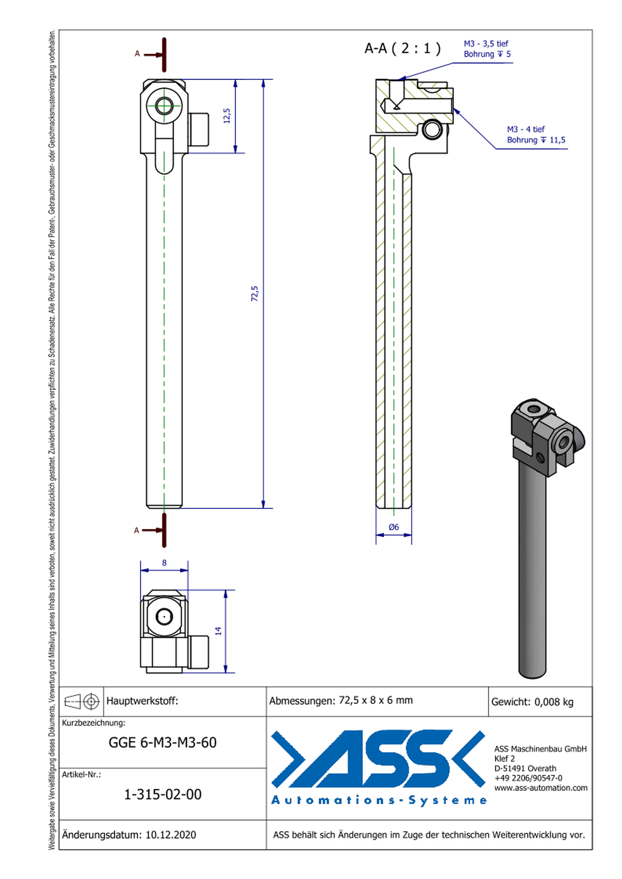 GGE 6-M3-M3-60 Elbow Gripper Arm for Vacuum Cups, Micro Series