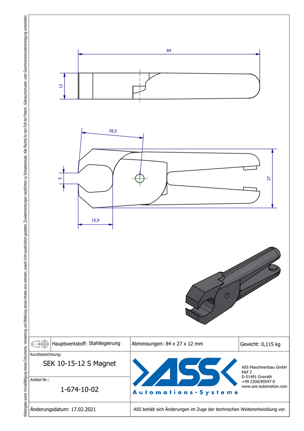 SEK10-15-12S Magnet Nipper Blade Magnet return, Pinch for ASN 10