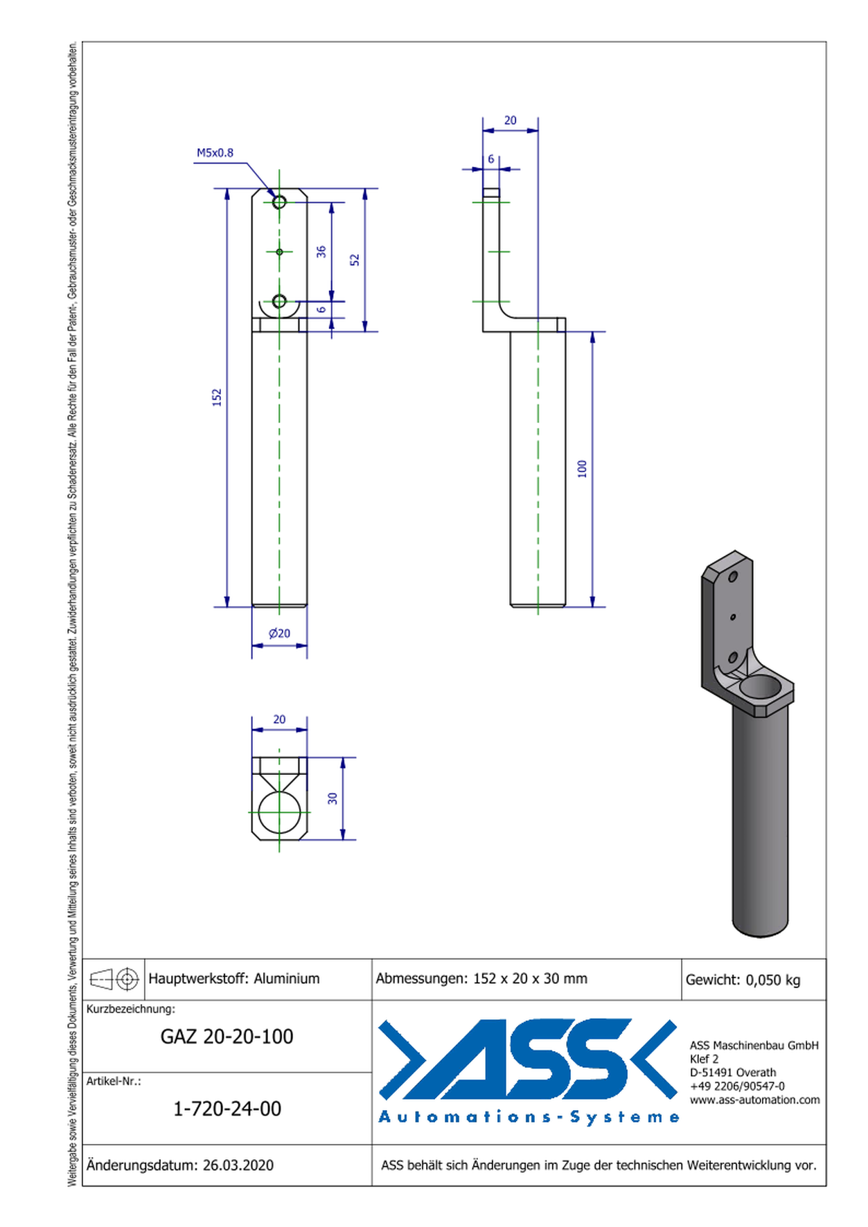 GAZ 20-20-100 Gripper Arm for Short Stroke Cylinder 