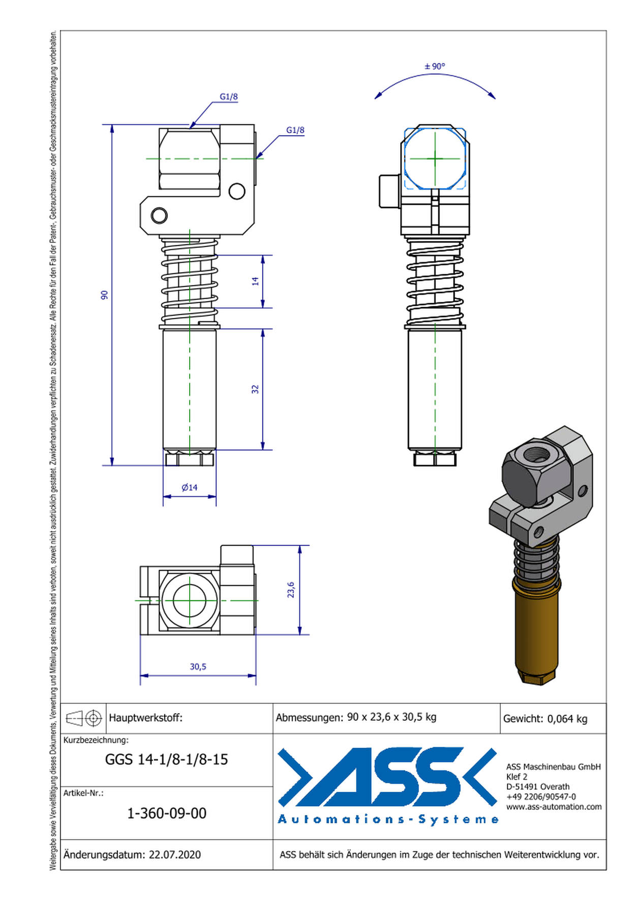 GGS 14-1/8-1/8-15 Spring Loaded Gripper Arm, locked against rotation