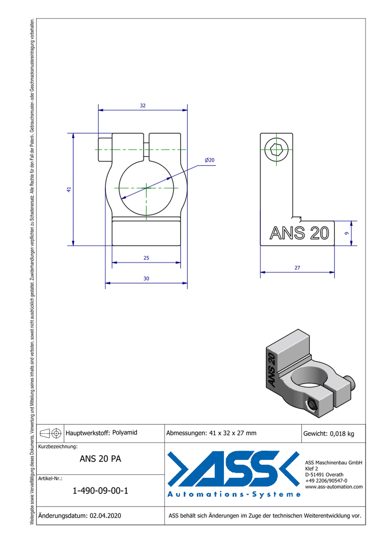 ANS 20 PA  Holding Bracket made of Polyamide 