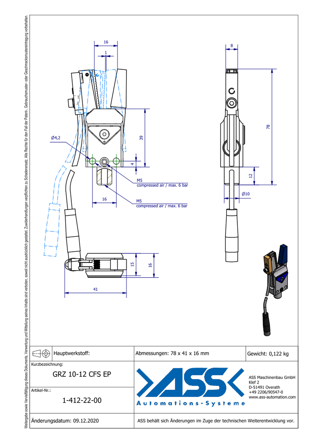 GRZ 10-12 CFS EP Gripper with Jaw Type: EP Coating, blue / Sensor