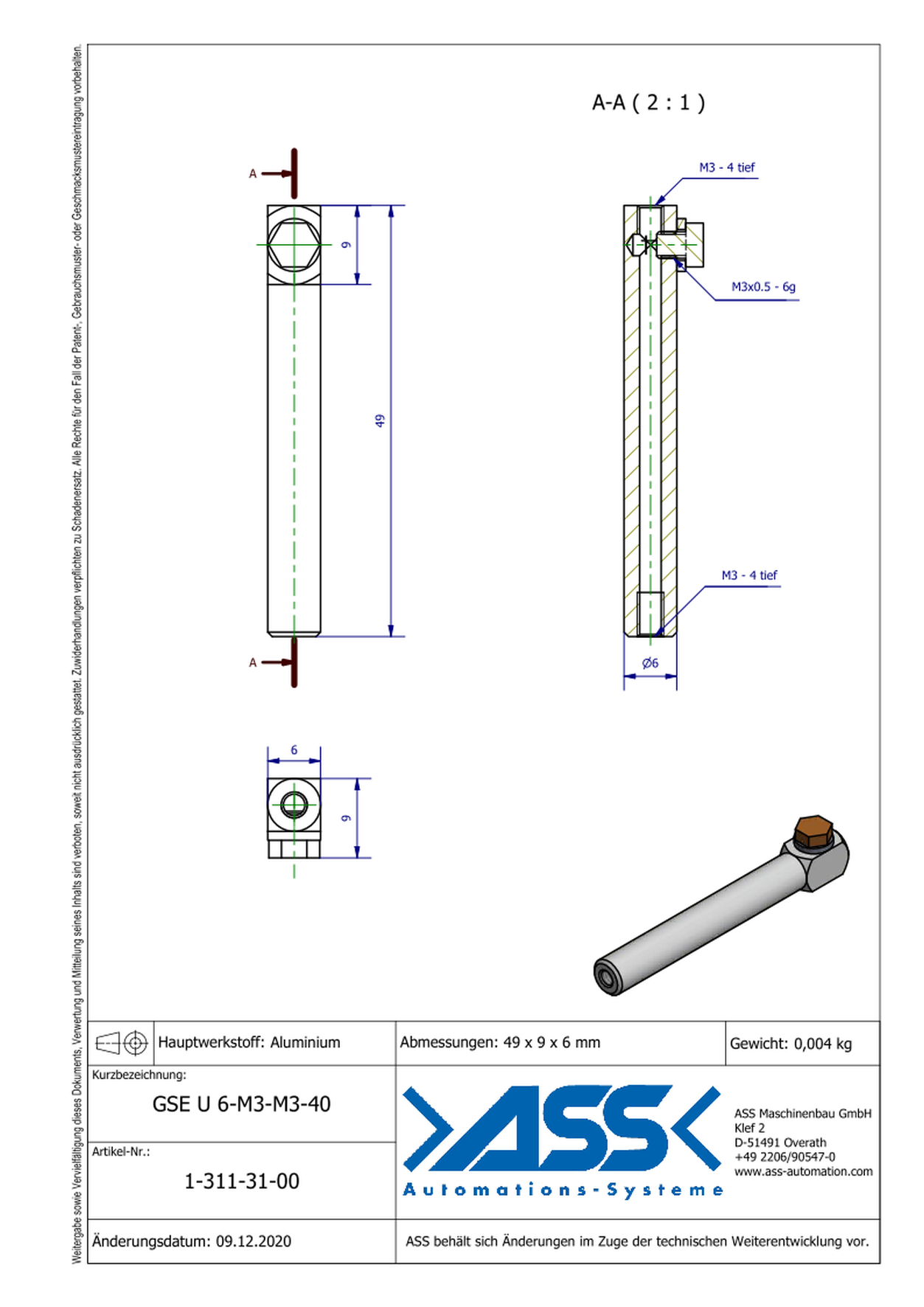 GSE U 6-M3-M3-40 Gripper Arm for Vacuum Cups with Air Duct, Micro