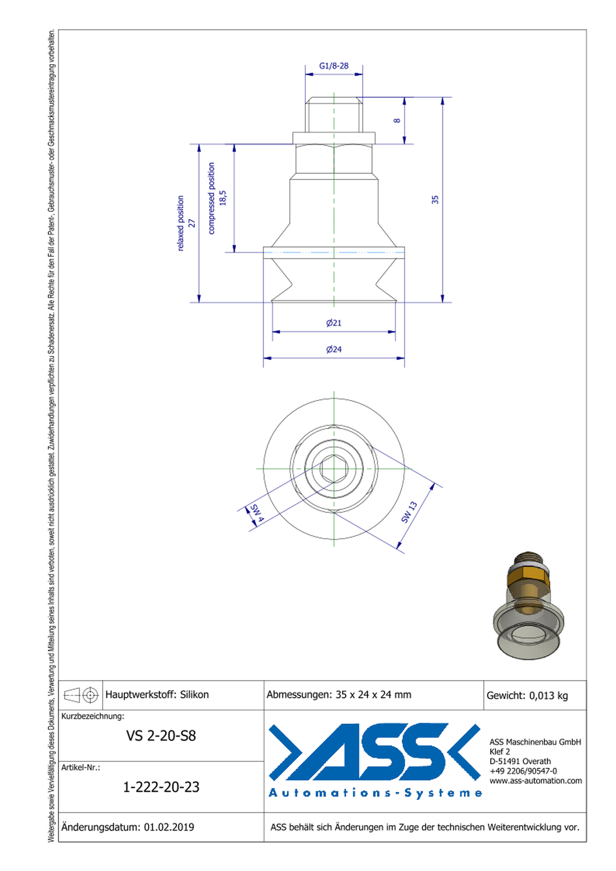 VS 2-20-S8 Vacuum Cup, 2 Bellows