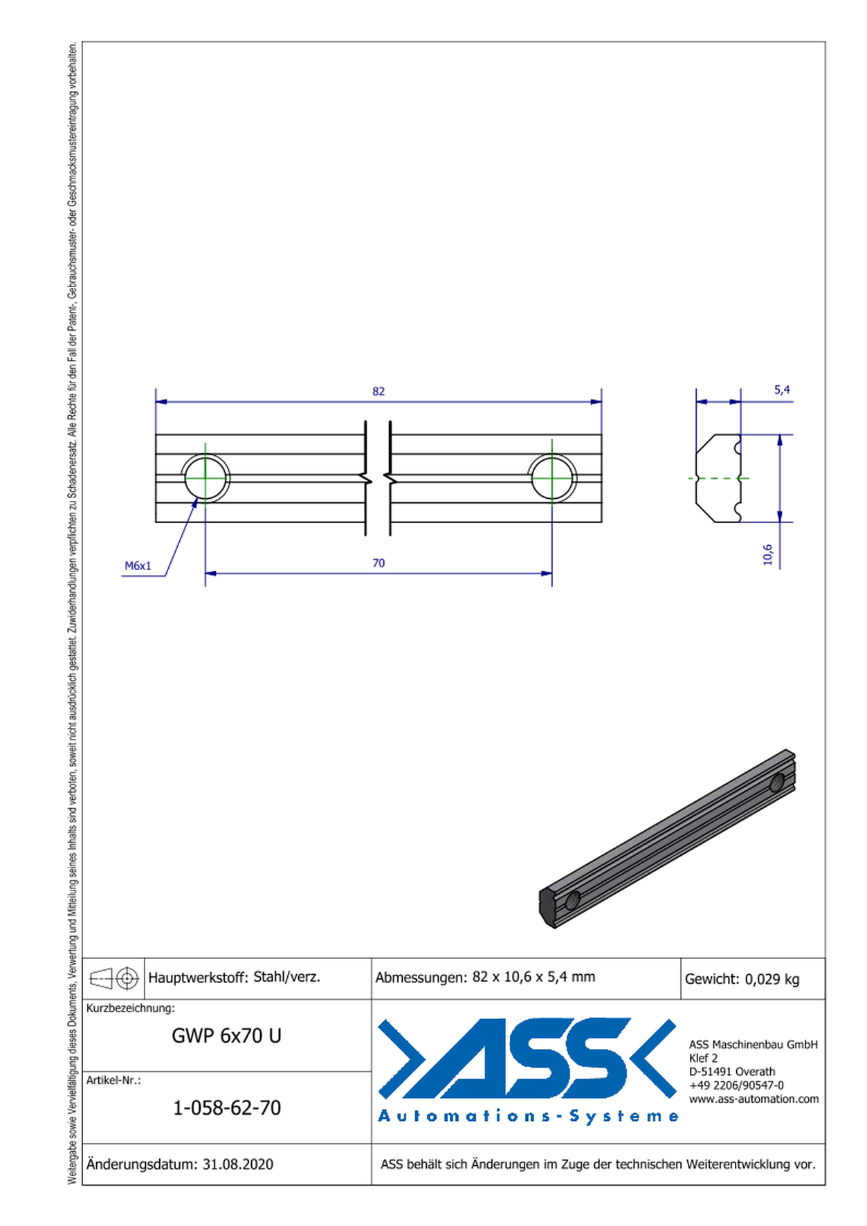 GWP 6-70 U Channel Nut with two Threads M6